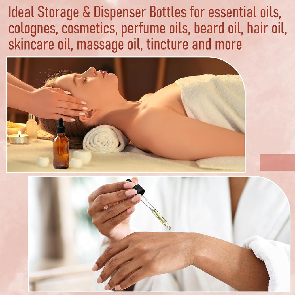 4 Pack, 2 oz Bottles with Dropper & 1 Funnel & 4 Labels - Essential Oils Bottles for Health, Personal Care & Beauty - 60ml Thick Dark Amber Glass Tincture Bottles, Refillable Cosmetic Containers