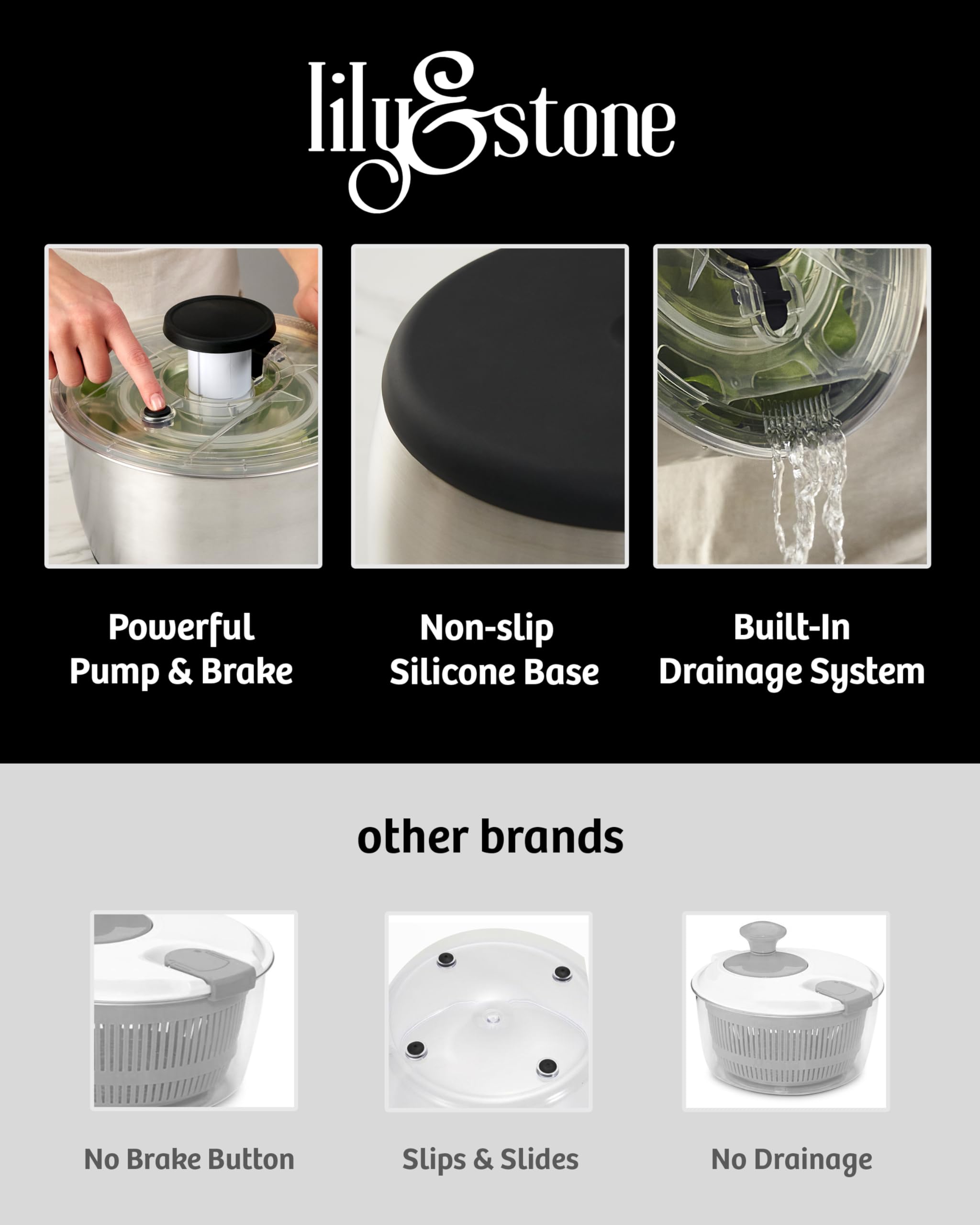 Stainless Steel Pump Salad Spinner Large - Easy Compact Kitchen Tool - Stainless Steel Bowl, Drain & Colander - Lettuce Spinner, Vegetable Dryer, Fruit Washer, Pasta & Fries Produce Strainer - 6.33 Qt