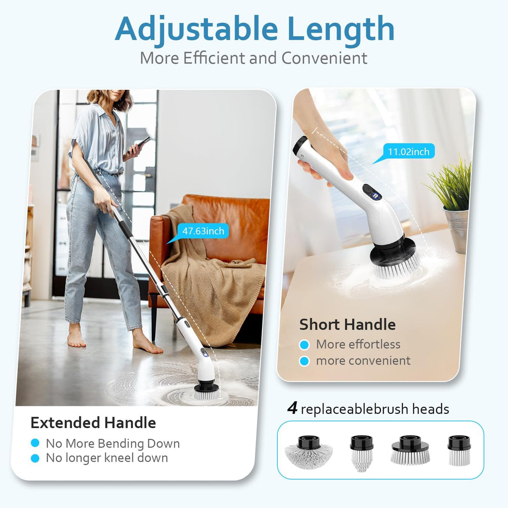 TUYU Electric Spin Scrubber, Full-Body IPX7 Waterproof Bathroom Scrubber with Power LCD Display, Adjustable Extension Handle, Cordless Shower Cleaner Brush for Bathtub Kitchen Wall Cleaning
