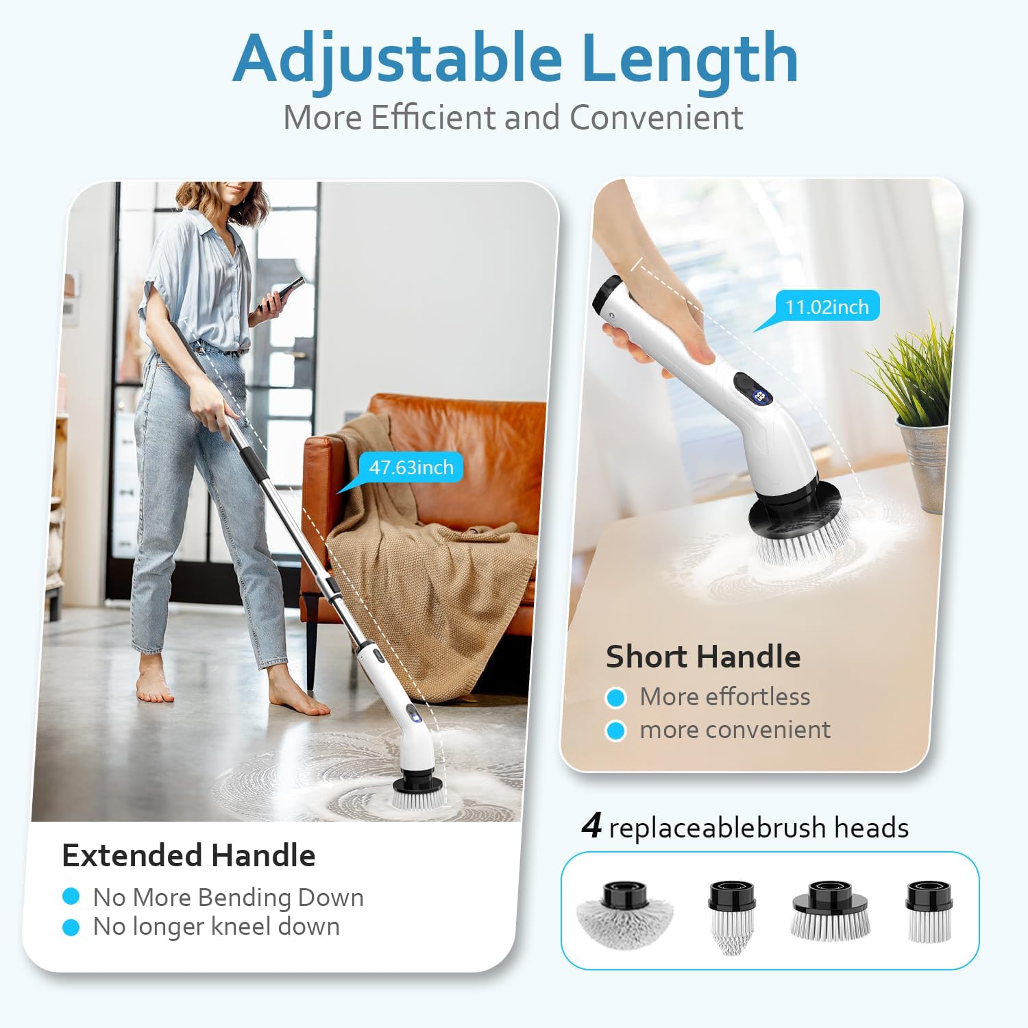 TUYU Electric Spin Scrubber, Full-Body IPX7 Waterproof Bathroom Scrubber with Power LCD Display, Adjustable Extension Handle, Cordless Shower Cleaner Brush for Bathtub Kitchen Wall Cleaning