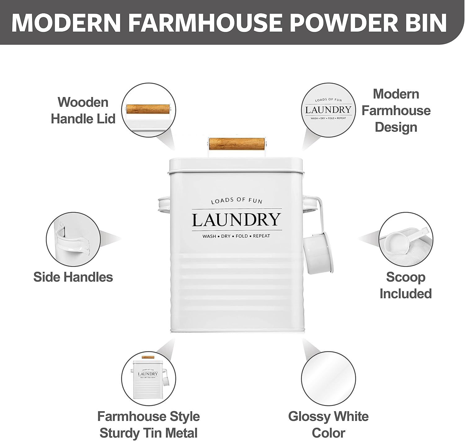 Calindiana Modern Farmhouse Metal Laundry Soap Dispenser Container Holder with Scoop for Laundry Room Decor and Space Saving Laundry Room Organization and Storage, Laundry Powder Container, Black