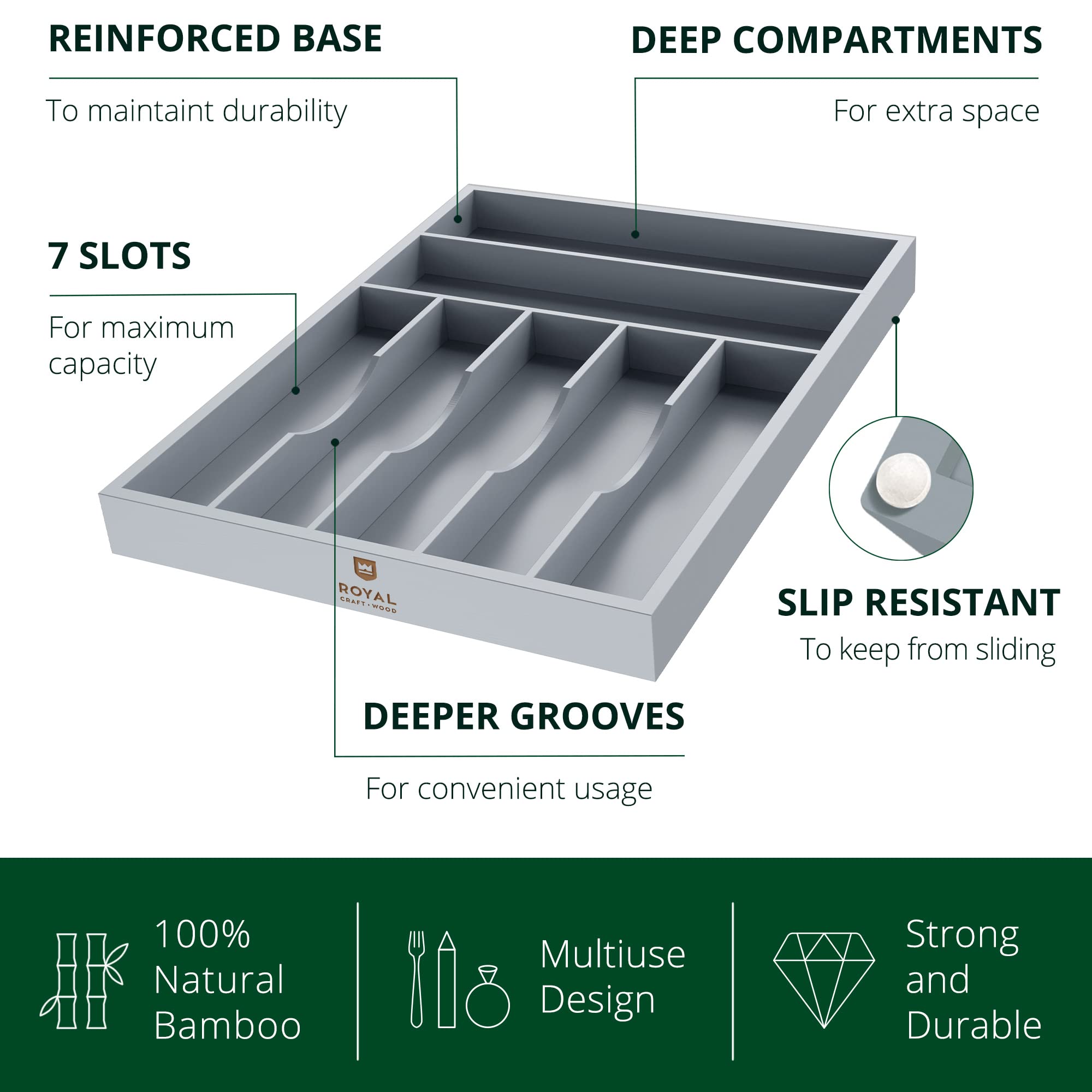 ROYAL CRAFT WOOD Luxury Bamboo Kitchen Drawer Organizer - Silverware Organizer, Utensil Holder & Cutlery Tray Drawer Dividers for Flatware (9 Slot, Natural)
