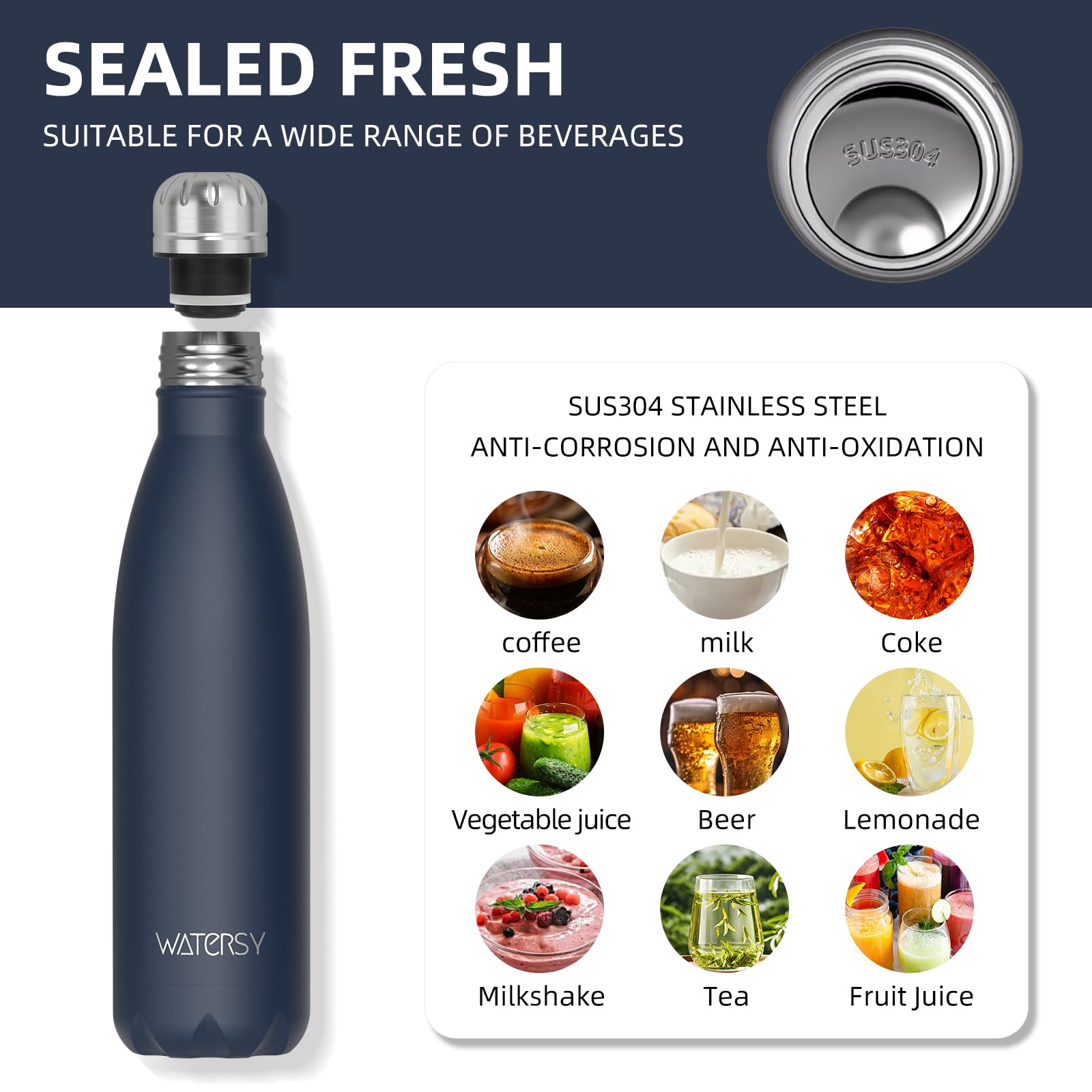 WATERSY Stainless Steel water bottles,17oz/500ml Insulated Water Bottles,Deep Blue metal water bottle Keeps Drink Cold and Hot,BPA Free kids water bottles for School,Gym,Travel,Sports