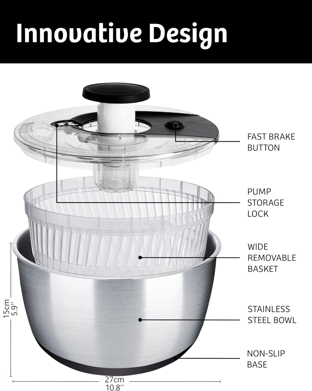 Stainless Steel Pump Salad Spinner Large - Easy Compact Kitchen Tool - Stainless Steel Bowl, Drain & Colander - Lettuce Spinner, Vegetable Dryer, Fruit Washer, Pasta & Fries Produce Strainer - 6.33 Qt