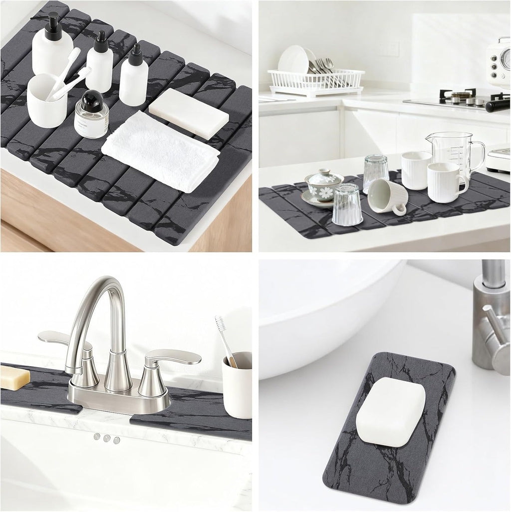 3 PCS Large Stone Dish Drying Mat for Kitchen Counter, Quick Dry Stone Dishes Mats, Sink Faucet Mat, Marble Water Absorbing Diatomaceous Earth Drying Pad for Countertop Tableware, Bottles, Cups
