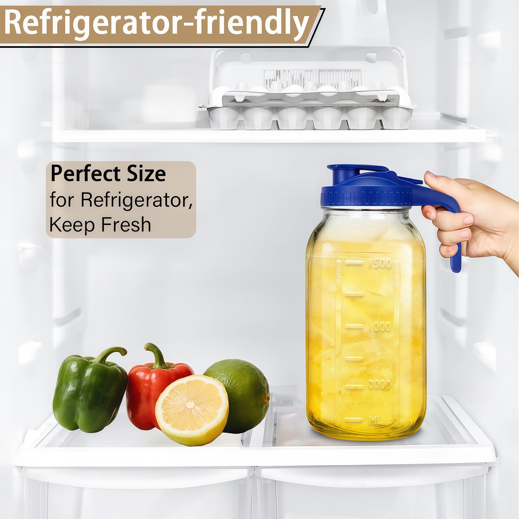 64oz Glass Pitcher with Handle and Lid, 2 Quart Mason Jar Pitcher - Airtight & Leakproof Water Jug with Pour Spout Lid, Glass Containers for Fridge, Perfect for Juice, Cold Brew, Iced & Sun Tea