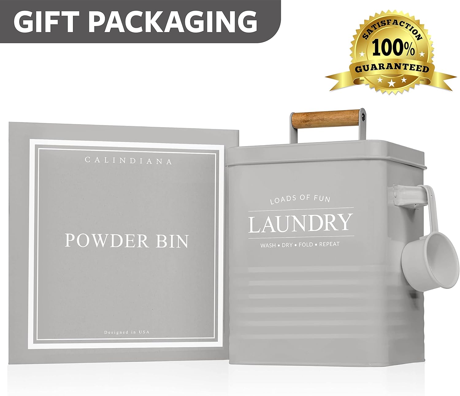 Calindiana Modern Farmhouse Metal Laundry Soap Dispenser Container Holder with Scoop for Laundry Room Decor and Space Saving Laundry Room Organization and Storage, Laundry Powder Container, Black