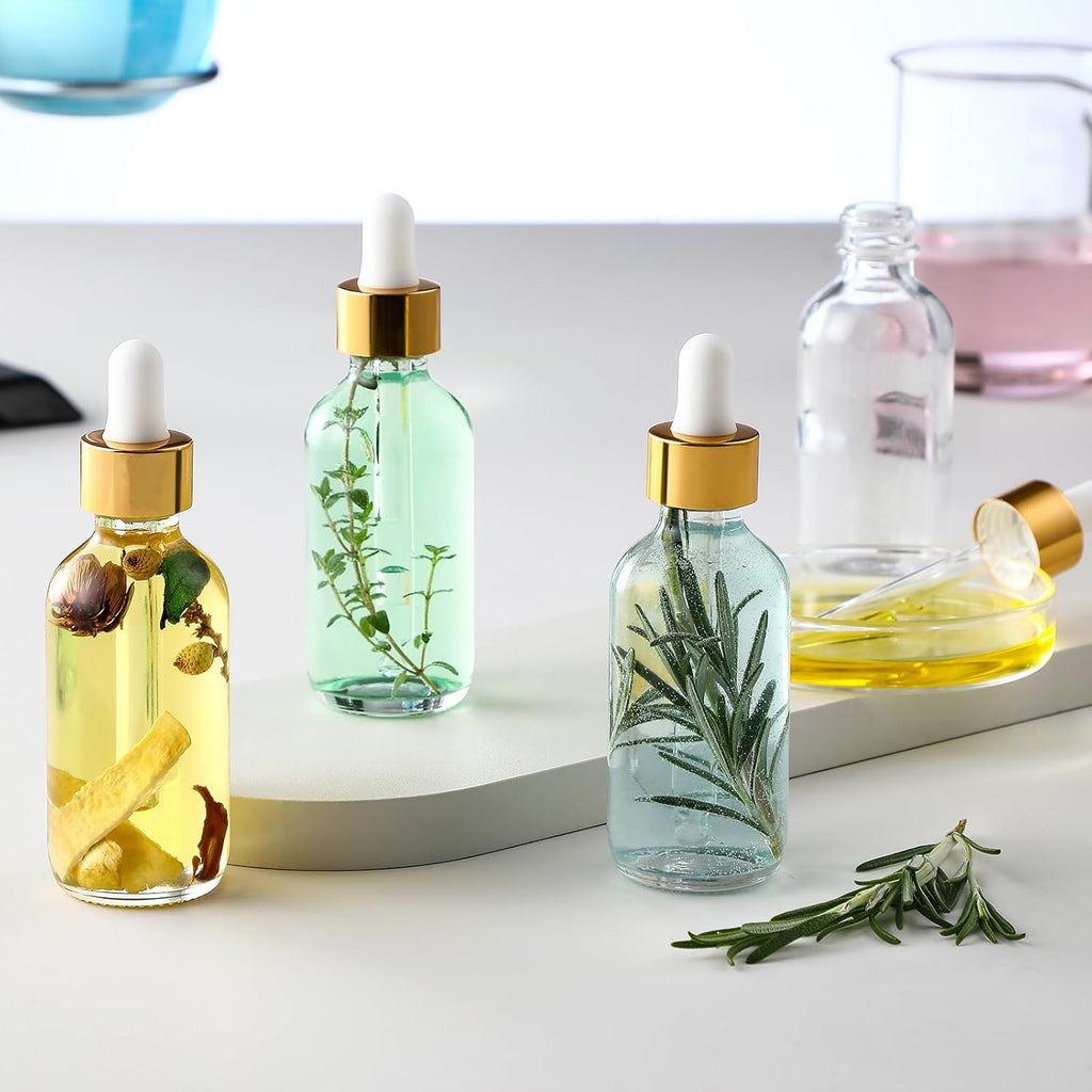 4 Pack, 2 oz Bottles with Dropper & 1 Funnel & 4 Labels - Essential Oils Bottles for Health, Personal Care & Beauty - 60ml Thick Dark Amber Glass Tincture Bottles, Refillable Cosmetic Containers