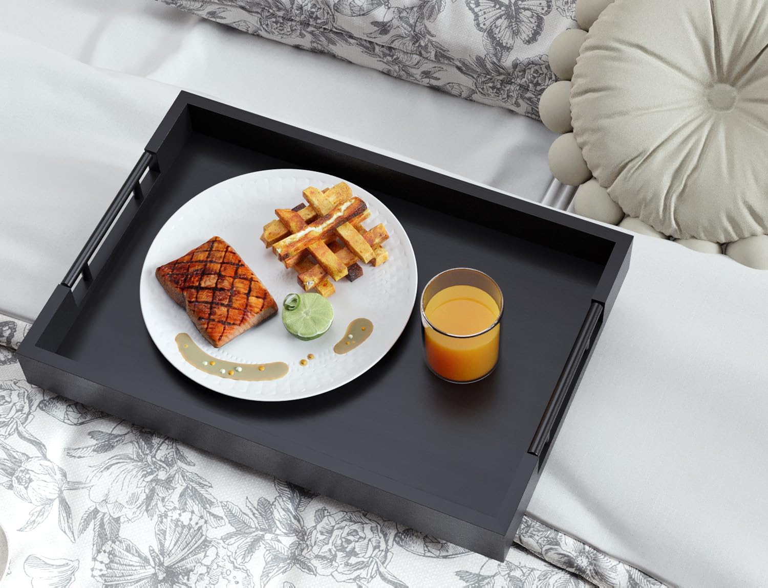 Bamboo Set of 2 Serving Tray with Metal Handles,Ottoman Decorative Trays Platter for Coffee Table,Living Room,Bar,Party(Black)