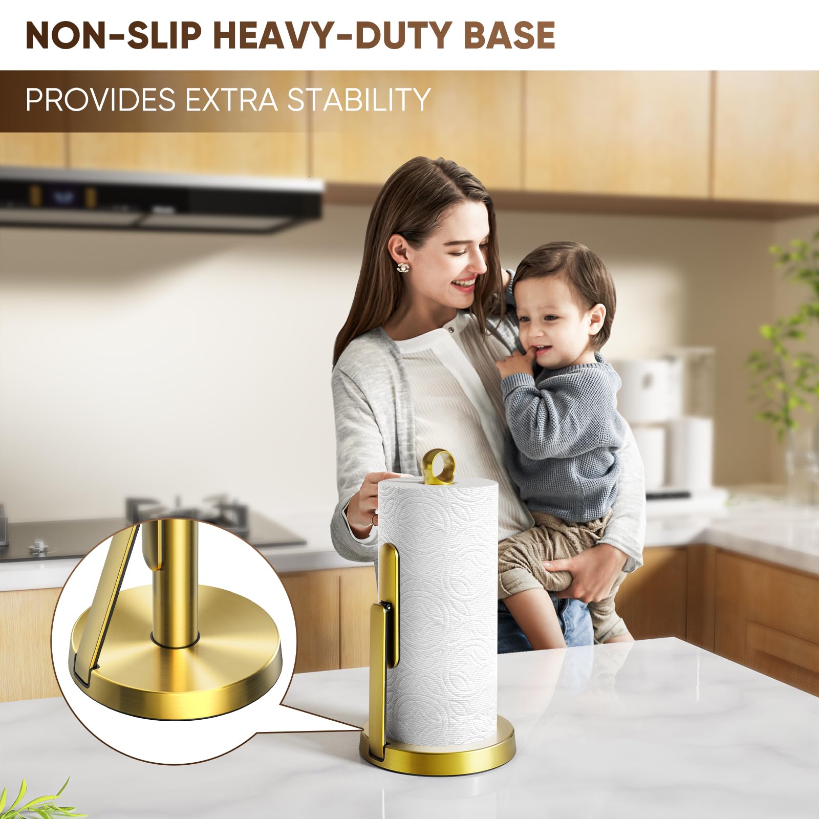 theaoo Heavy-Duty Stainless Steel Paper Towel Holder with Tension Arm – Easy One-Handed Tear, Modern Standing Countertop Dispenser for Kitchen, Holds All Paper Towel Rolls (1, Black)