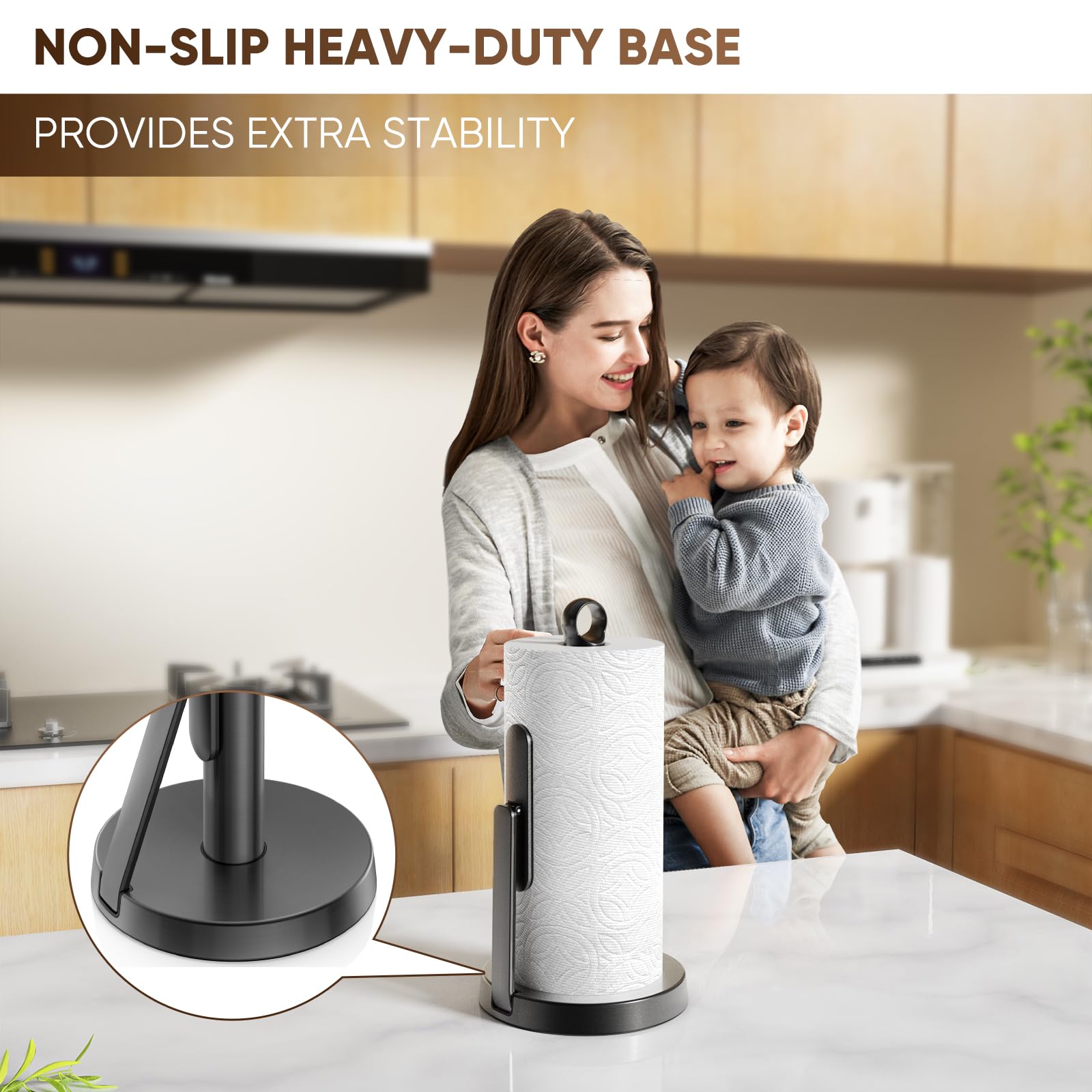 theaoo Heavy-Duty Stainless Steel Paper Towel Holder with Tension Arm – Easy One-Handed Tear, Modern Standing Countertop Dispenser for Kitchen, Holds All Paper Towel Rolls (1, Black)