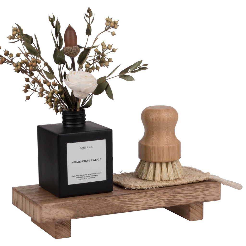 zoocatia Small Wood Tray Pedestal Stand Farmhouse Bathroom Decor Decorative Wooden Riser Kitchen Soap Dish Holder for Vanity, Counter, Sink, 9" x 5.9" - Black