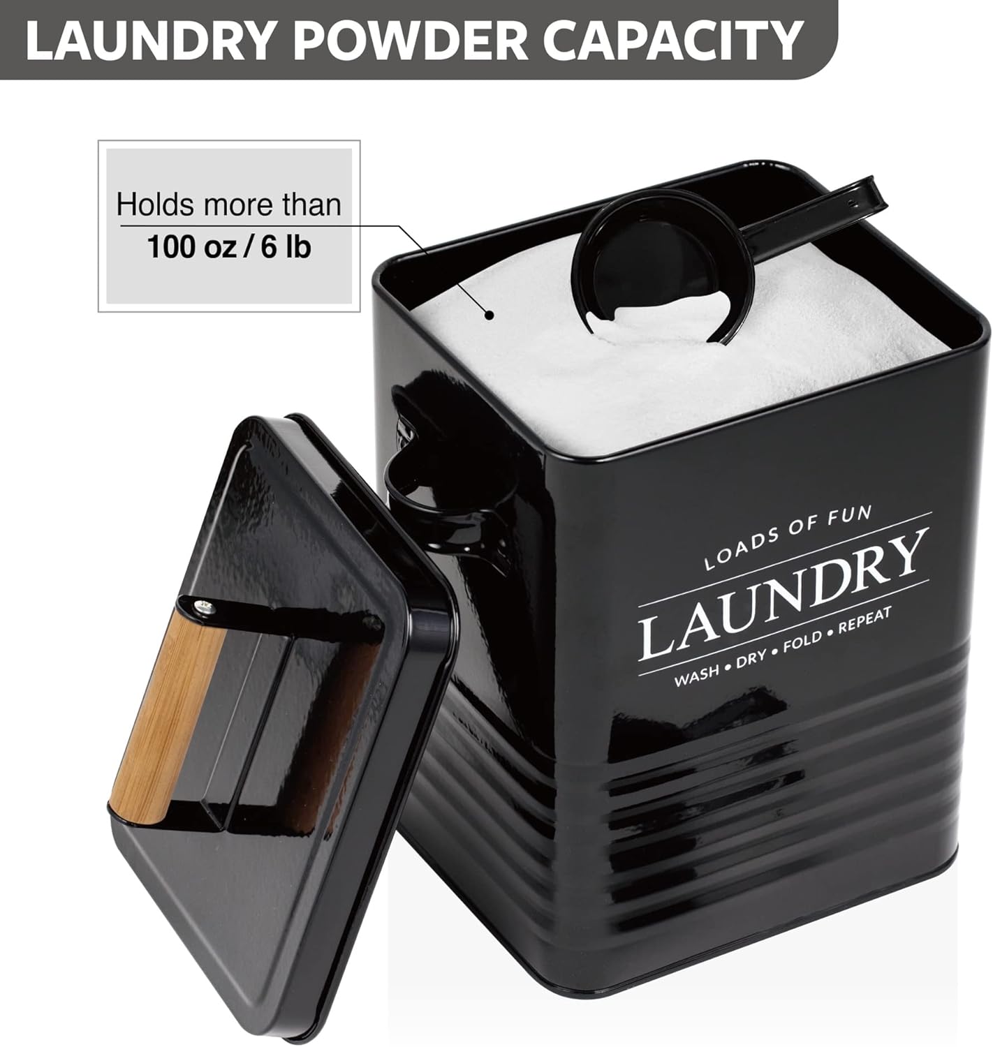 Calindiana Modern Farmhouse Metal Laundry Soap Dispenser Container Holder with Scoop for Laundry Room Decor and Space Saving Laundry Room Organization and Storage, Laundry Powder Container, Black