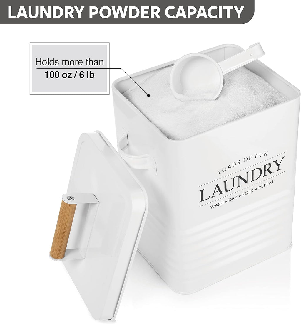 Calindiana Modern Farmhouse Metal Laundry Soap Dispenser Container Holder with Scoop for Laundry Room Decor and Space Saving Laundry Room Organization and Storage, Laundry Powder Container, Black