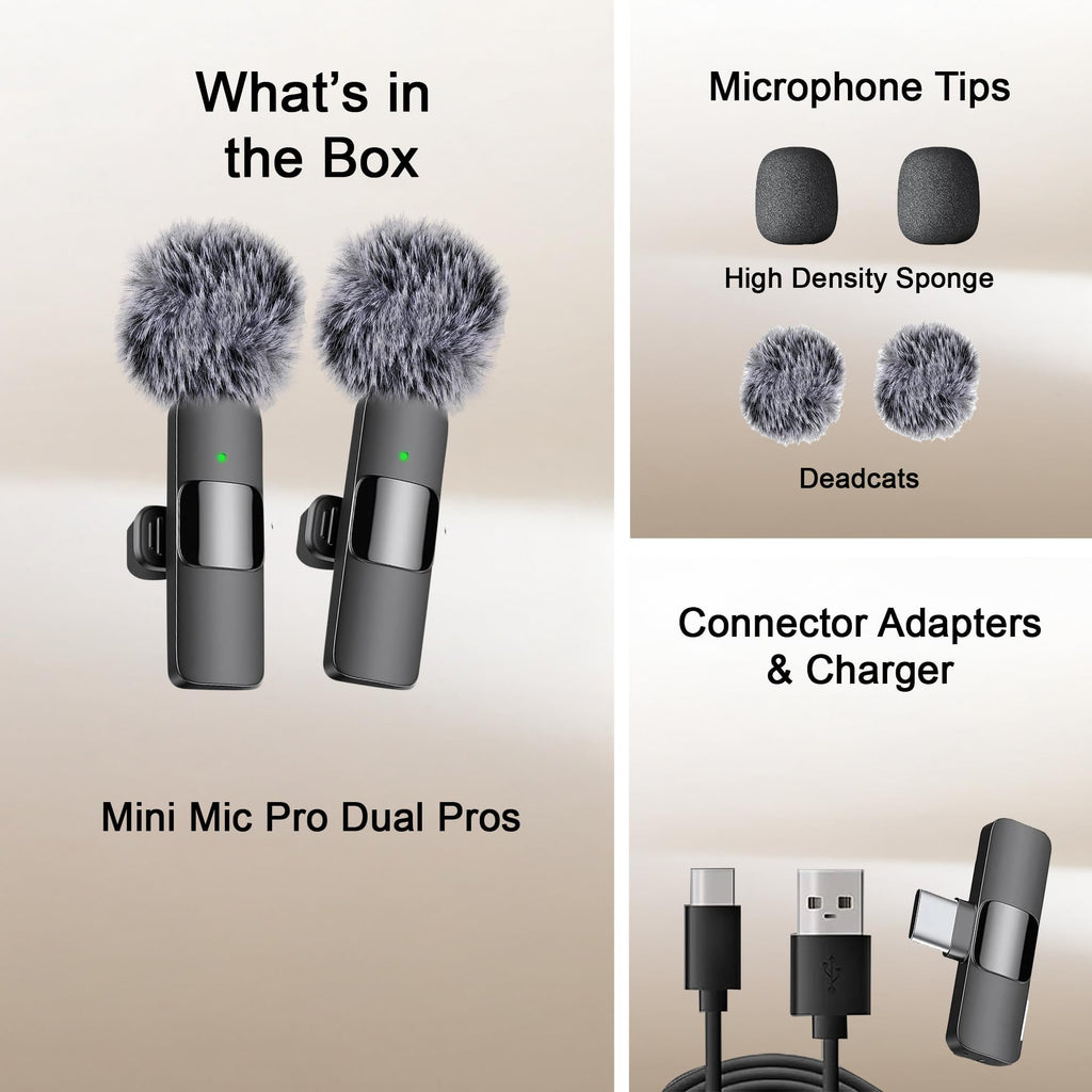 Mini Mic Pro (Latest Model) - Wireless Mini Microphone for iPhone, iPad, Android - 2 Pack Lavalier Microphone for Video Recording - iPhone Mic Crystal Clear Recording with USB-C for Content Creators