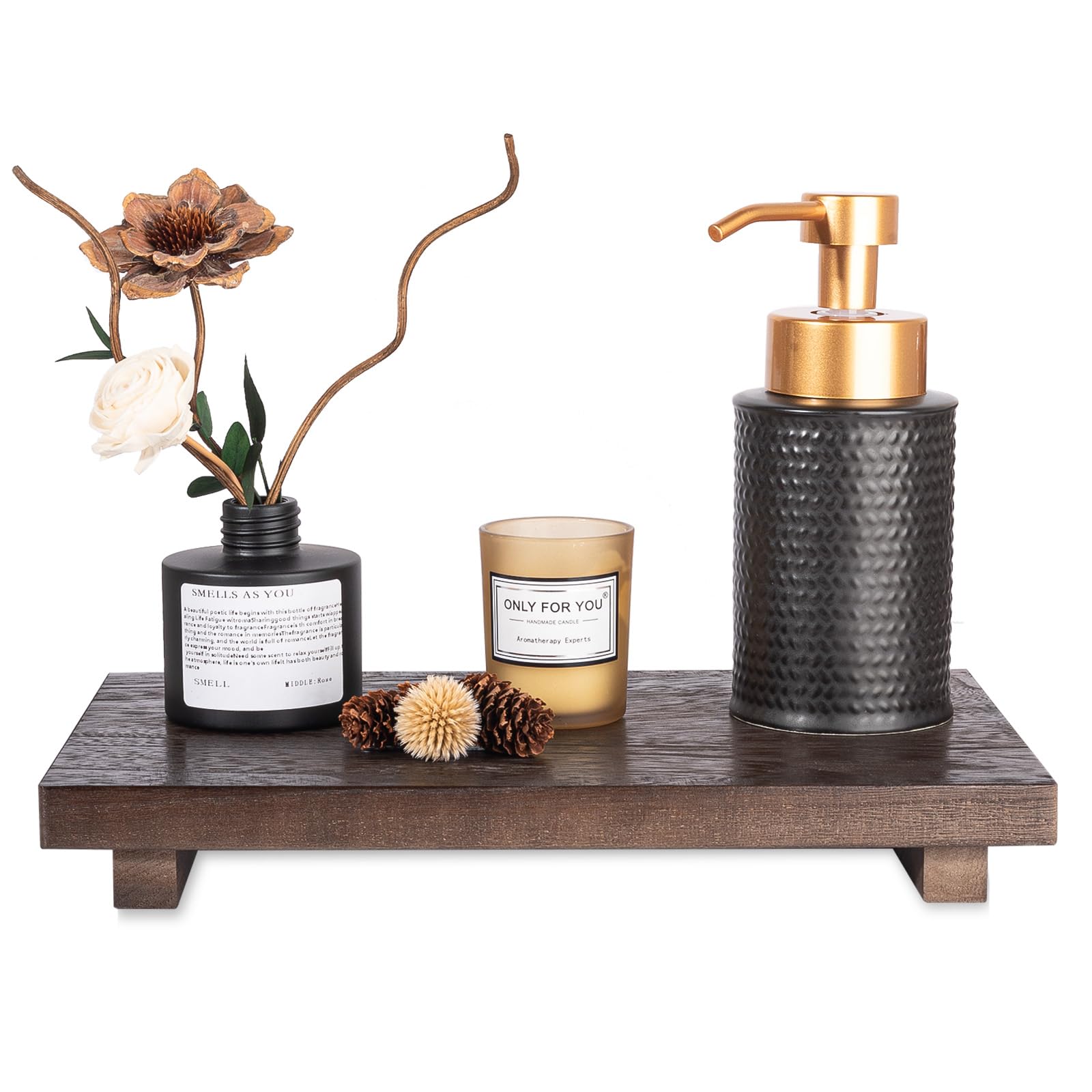 zoocatia Small Wood Tray Pedestal Stand Farmhouse Bathroom Decor Decorative Wooden Riser Kitchen Soap Dish Holder for Vanity, Counter, Sink, 9" x 5.9" - Black