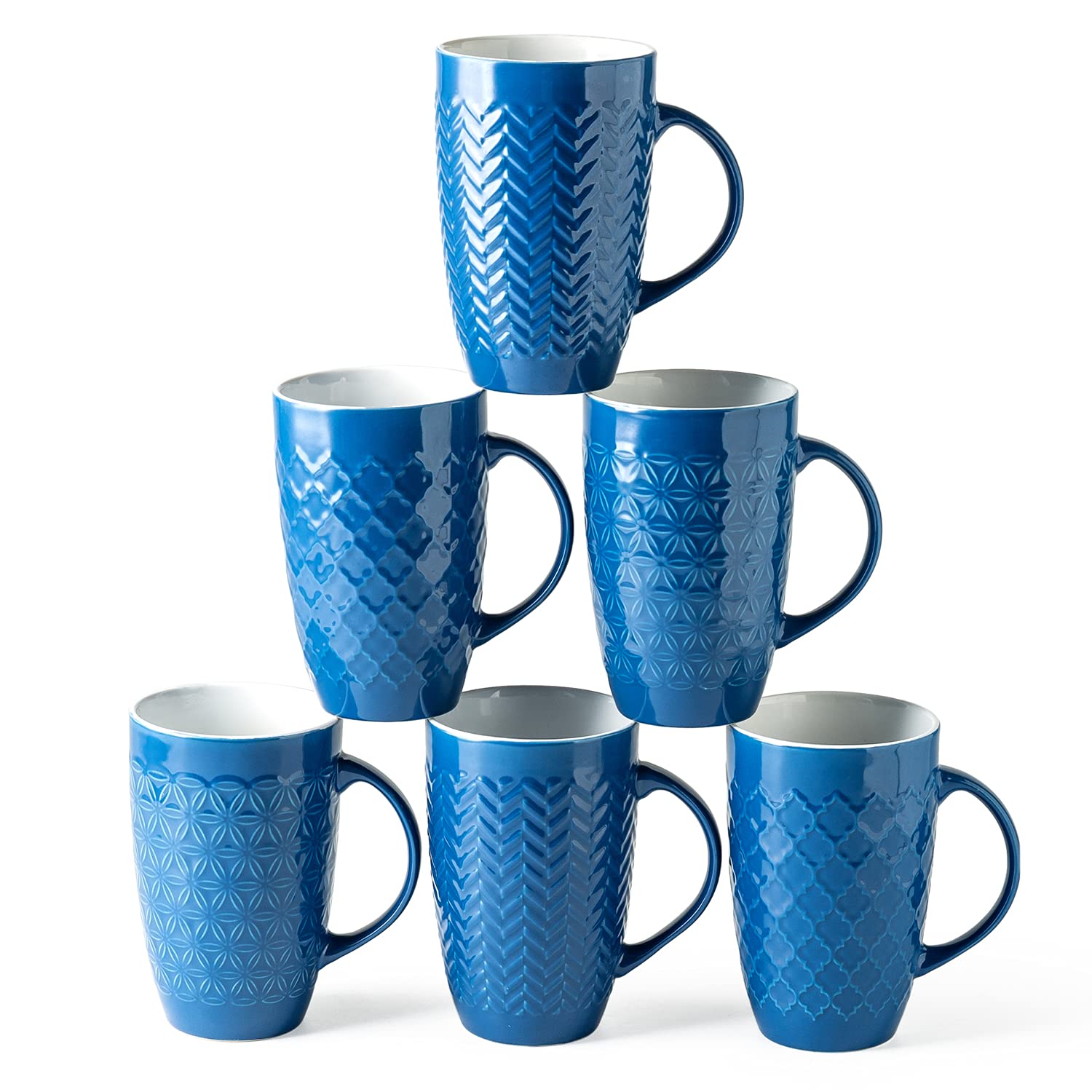 AmorArc Extra Large Coffee Mugs Set of 6, 20oz Ceramic Tall Coffee Mugs Set with Textured Geometric Patterns for Coffee/Tea/Beer/Hot Cocoa, Dishwasher & Microwave Safe,Beige