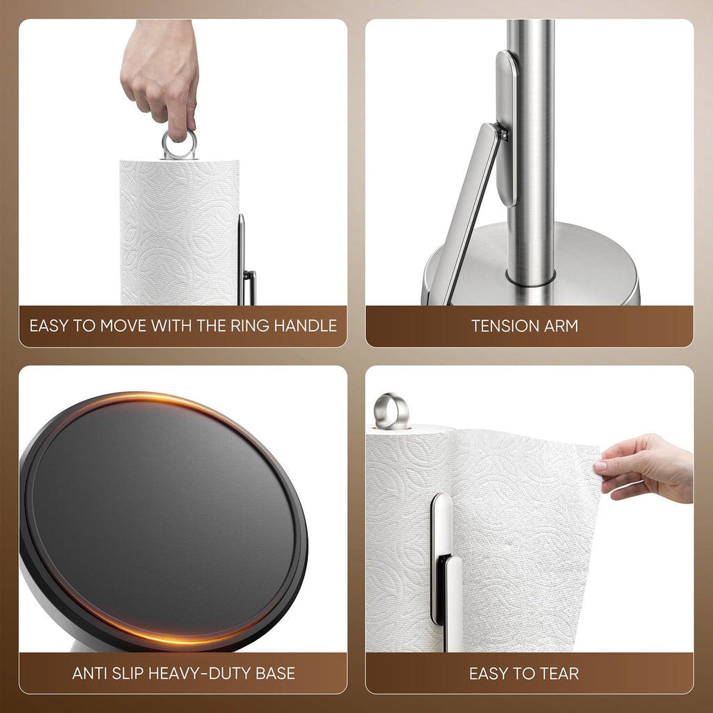 theaoo Heavy-Duty Stainless Steel Paper Towel Holder with Tension Arm – Easy One-Handed Tear, Modern Standing Countertop Dispenser for Kitchen, Holds All Paper Towel Rolls (1, Black)