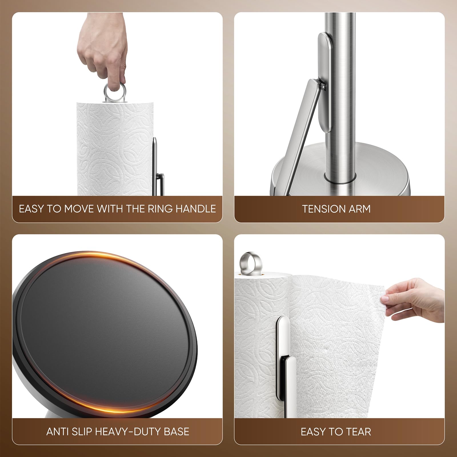 theaoo Heavy-Duty Stainless Steel Paper Towel Holder with Tension Arm – Easy One-Handed Tear, Modern Standing Countertop Dispenser for Kitchen, Holds All Paper Towel Rolls (1, Black)