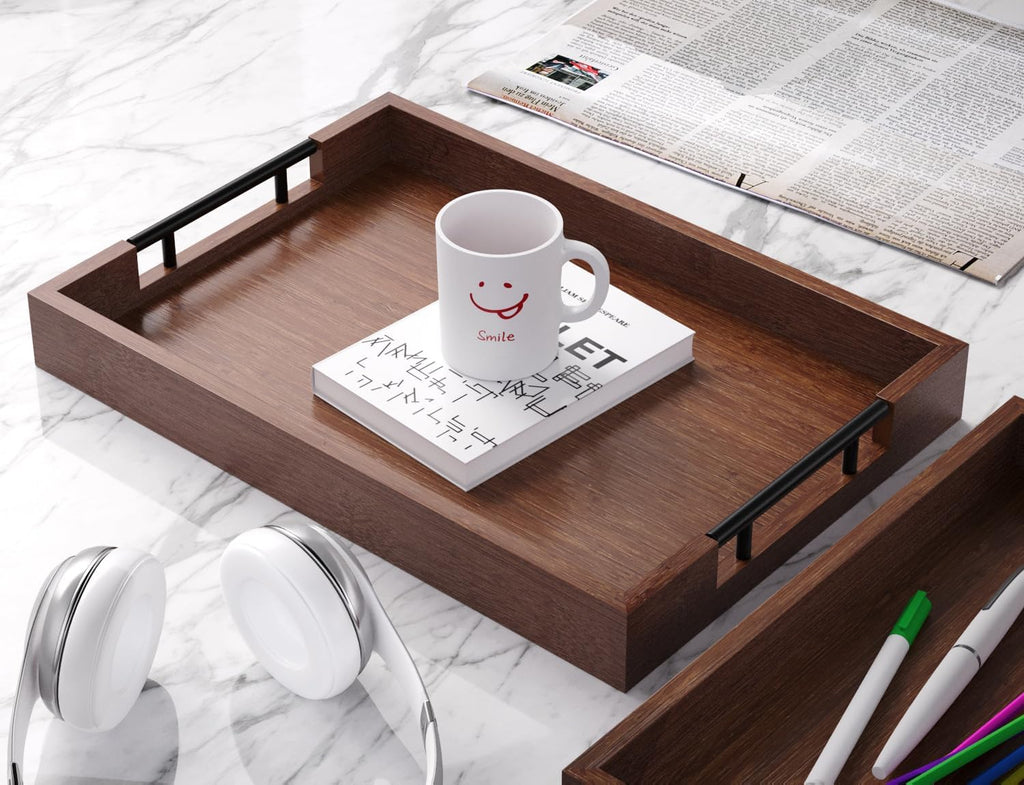 Bamboo Set of 2 Serving Tray with Metal Handles,Ottoman Decorative Trays Platter for Coffee Table,Living Room,Bar,Party(Black)