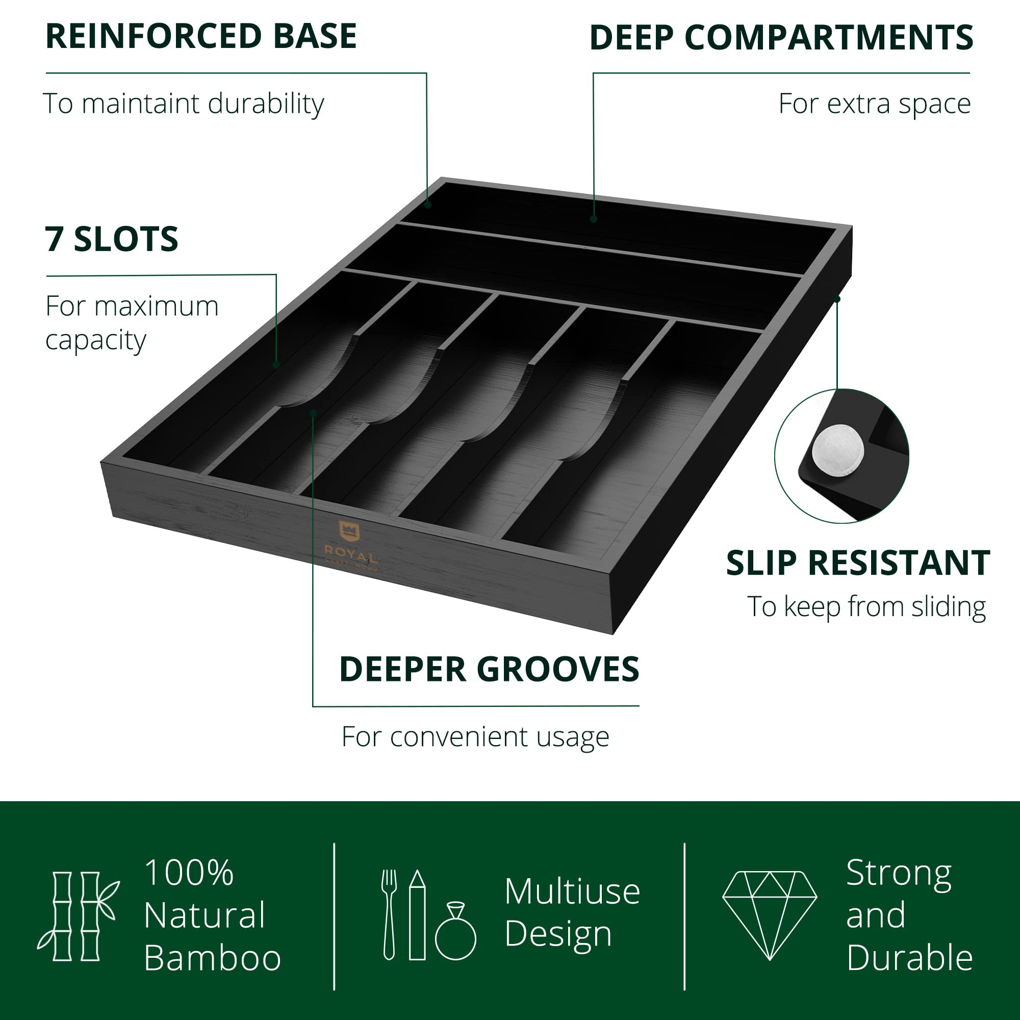 ROYAL CRAFT WOOD Luxury Bamboo Kitchen Drawer Organizer - Silverware Organizer, Utensil Holder & Cutlery Tray Drawer Dividers for Flatware (9 Slot, Natural)