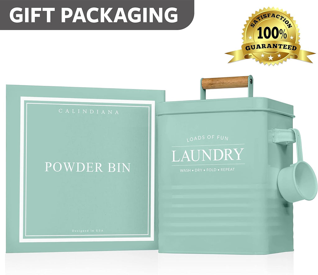 Calindiana Modern Farmhouse Metal Laundry Soap Dispenser Container Holder with Scoop for Laundry Room Decor and Space Saving Laundry Room Organization and Storage, Laundry Powder Container, Black