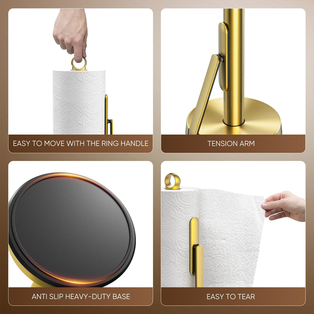 theaoo Heavy-Duty Stainless Steel Paper Towel Holder with Tension Arm – Easy One-Handed Tear, Modern Standing Countertop Dispenser for Kitchen, Holds All Paper Towel Rolls (1, Black)