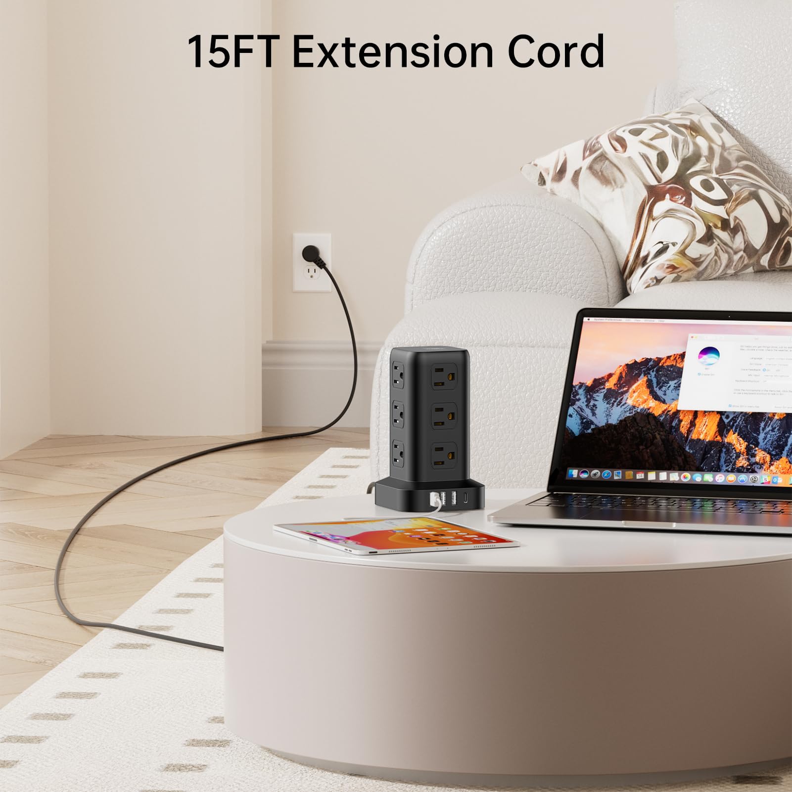 Surge Protector Power Strip Tower,10FT Extension Cord with Multiple Outlets, 12 AC 4 USB (1 USB C)，Mini Power Strip with USB Ports, Surge Protector Tower Overload Protection for Office, Desk