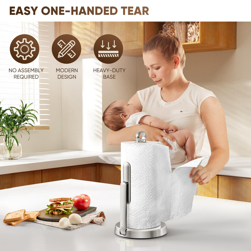 theaoo Heavy-Duty Stainless Steel Paper Towel Holder with Tension Arm – Easy One-Handed Tear, Modern Standing Countertop Dispenser for Kitchen, Holds All Paper Towel Rolls (1, Black)