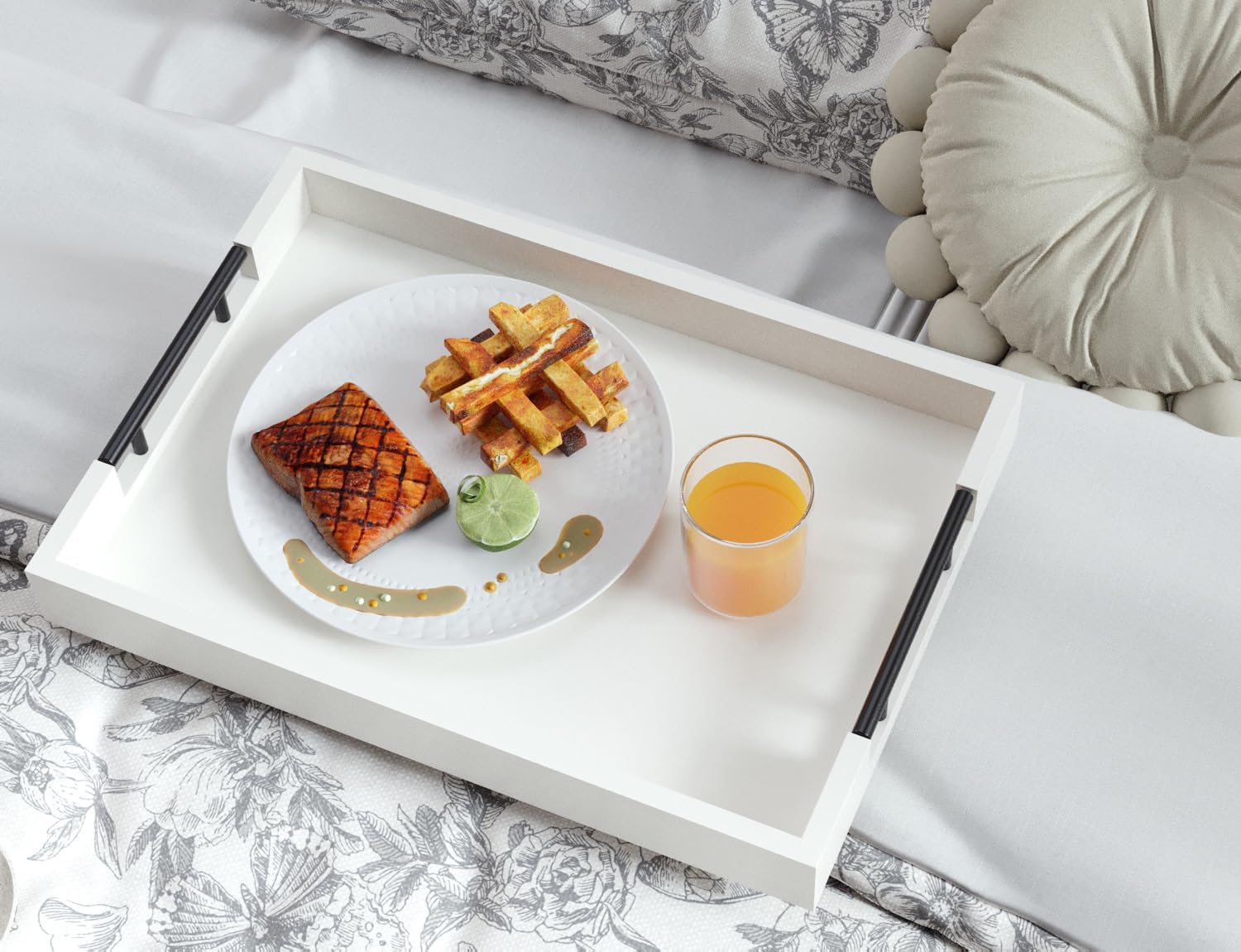 Bamboo Set of 2 Serving Tray with Metal Handles,Ottoman Decorative Trays Platter for Coffee Table,Living Room,Bar,Party(Black)