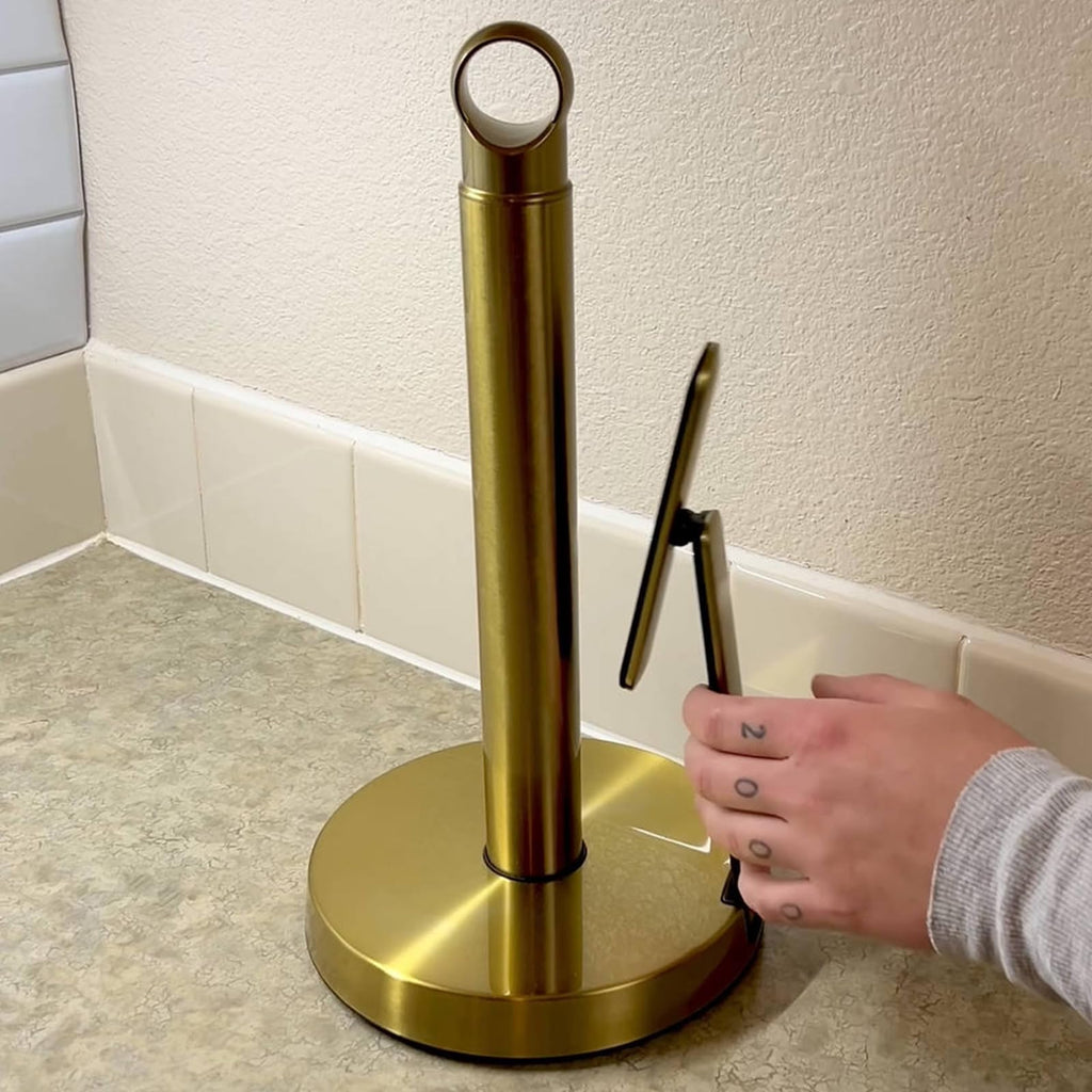 theaoo Heavy-Duty Stainless Steel Paper Towel Holder with Tension Arm – Easy One-Handed Tear, Modern Standing Countertop Dispenser for Kitchen, Holds All Paper Towel Rolls (1, Black)