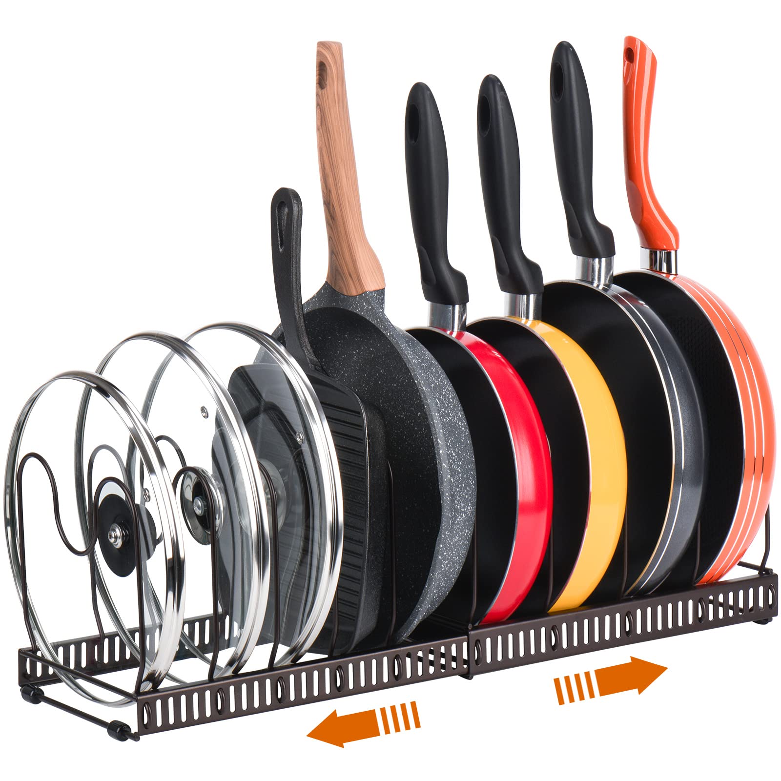Toplife Pots and Pans Organizer Rack for Cabinet and Countertop, 10+ Pot Lids, Bakeware and Cookware Holder with 10 Adjustable Compartments - Black
