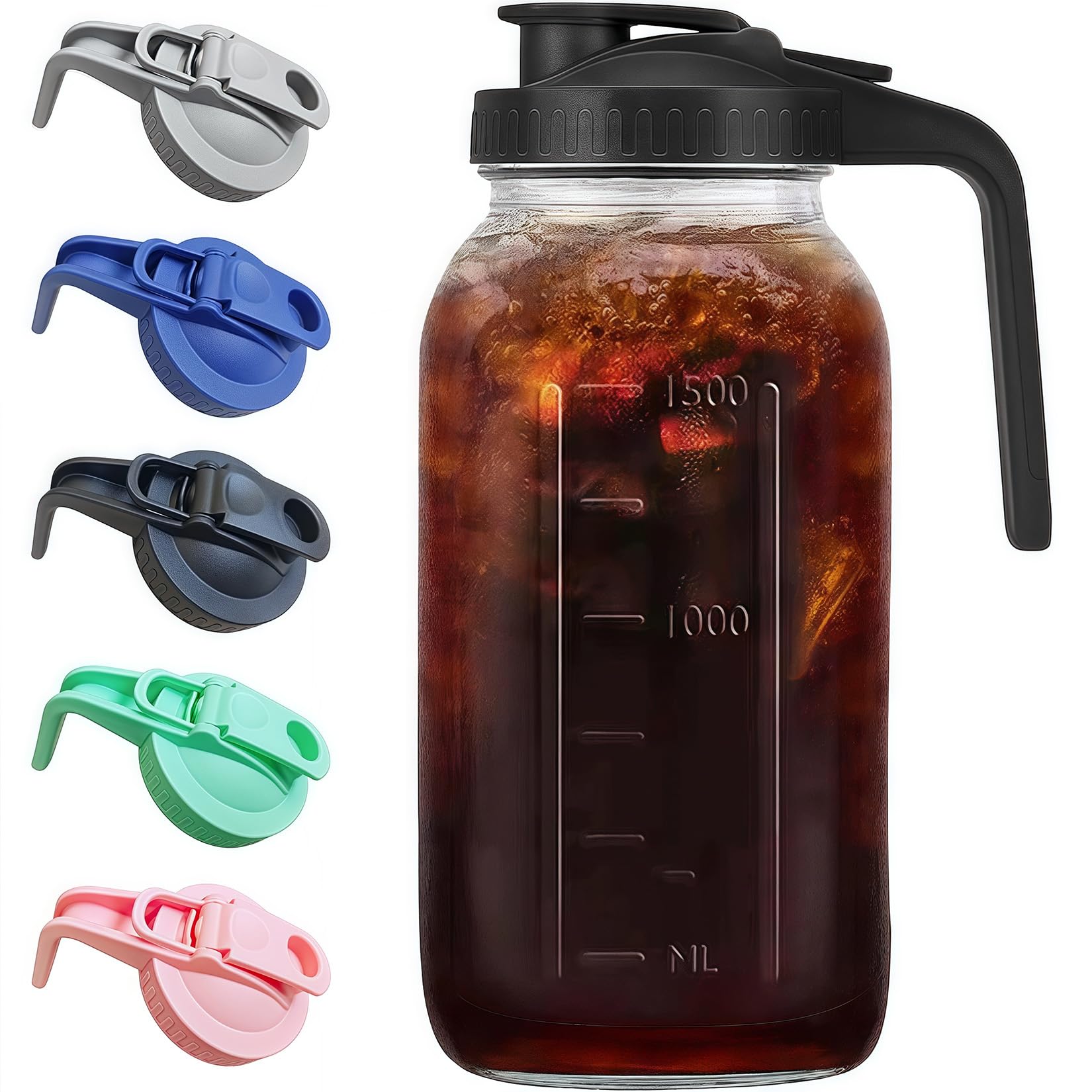 64oz Glass Pitcher with Handle and Lid, 2 Quart Mason Jar Pitcher - Airtight & Leakproof Water Jug with Pour Spout Lid, Glass Containers for Fridge, Perfect for Juice, Cold Brew, Iced & Sun Tea