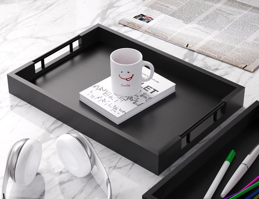 Bamboo Set of 2 Serving Tray with Metal Handles,Ottoman Decorative Trays Platter for Coffee Table,Living Room,Bar,Party(Black)