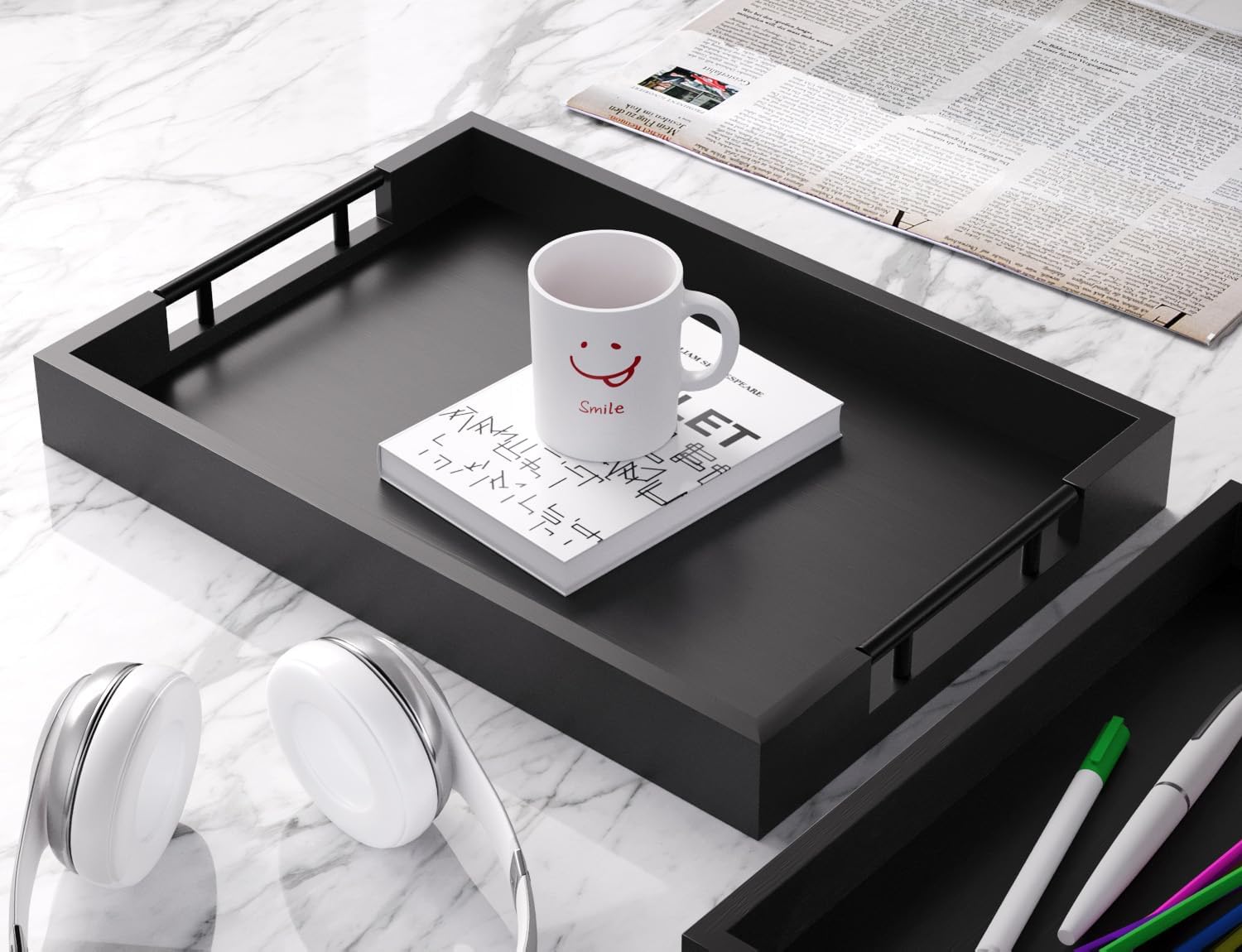 Bamboo Set of 2 Serving Tray with Metal Handles,Ottoman Decorative Trays Platter for Coffee Table,Living Room,Bar,Party(Black)