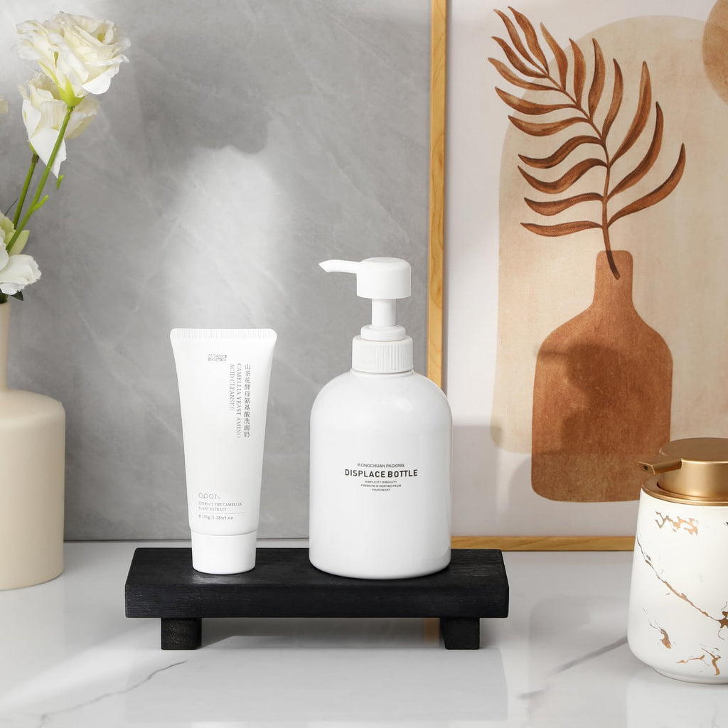 zoocatia Small Wood Tray Pedestal Stand Farmhouse Bathroom Decor Decorative Wooden Riser Kitchen Soap Dish Holder for Vanity, Counter, Sink, 9" x 5.9" - Black