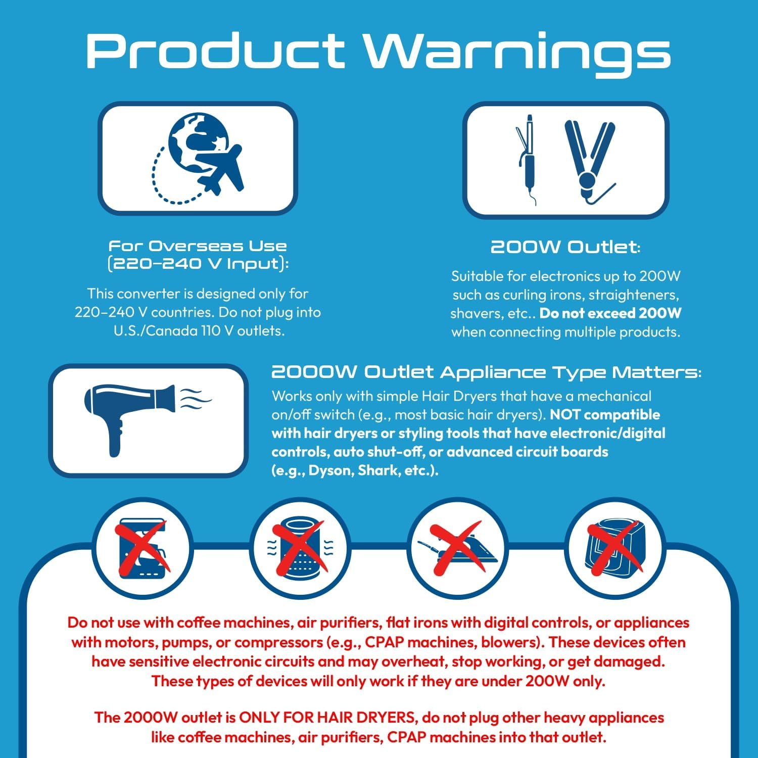 Ceptics 2000W Travel Voltage Converter for Hair Dryer & 200W Convert 220V to 110V for Curling Iron, Straightener, Chargers, Step Down World Power 4 USB Charging QC 3.0 SWadApt Type A, B, C, E/F, G, I