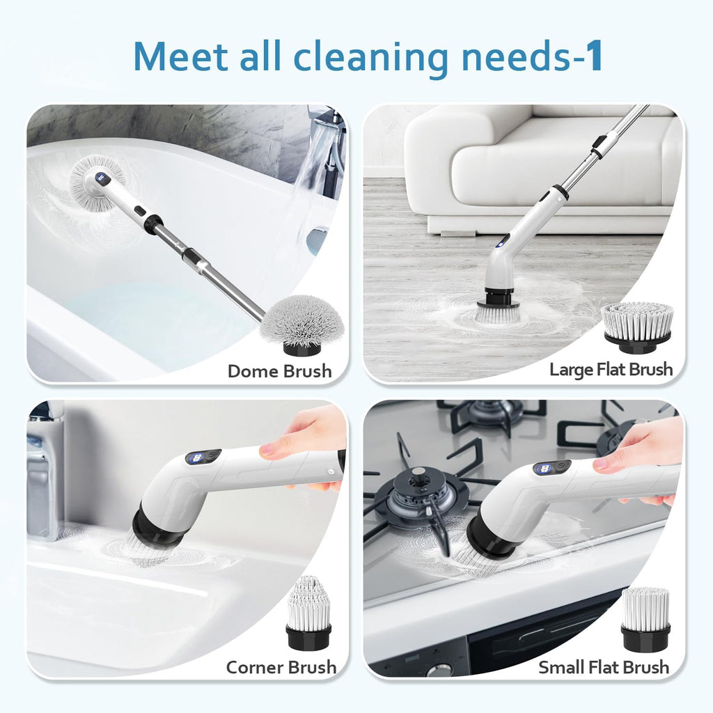 TUYU Electric Spin Scrubber, Full-Body IPX7 Waterproof Bathroom Scrubber with Power LCD Display, Adjustable Extension Handle, Cordless Shower Cleaner Brush for Bathtub Kitchen Wall Cleaning
