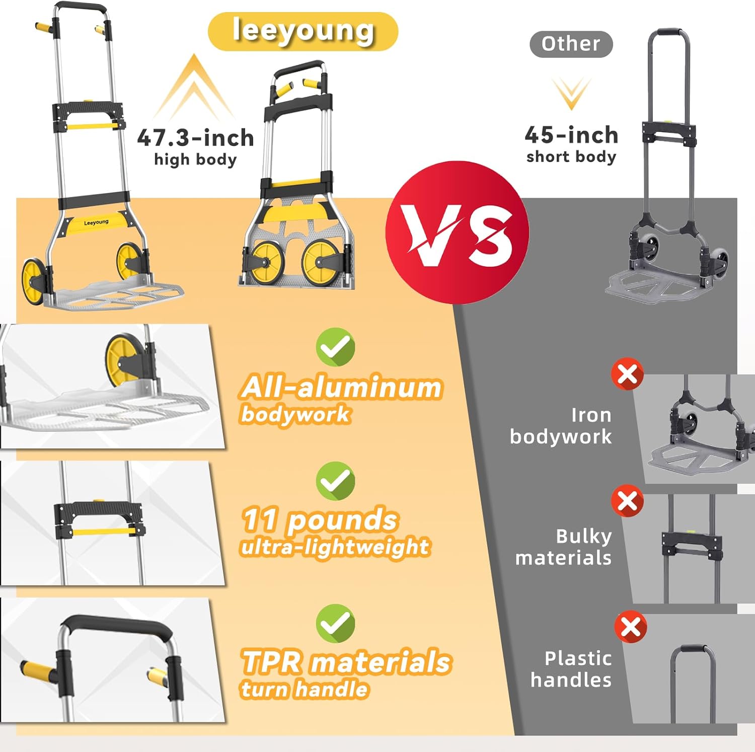 Leeyoung Folding Hand Truck and Dolly,309 lb Capacity Aluminum Portable Cart with Telescoping Handle and PP+EVA Wheels