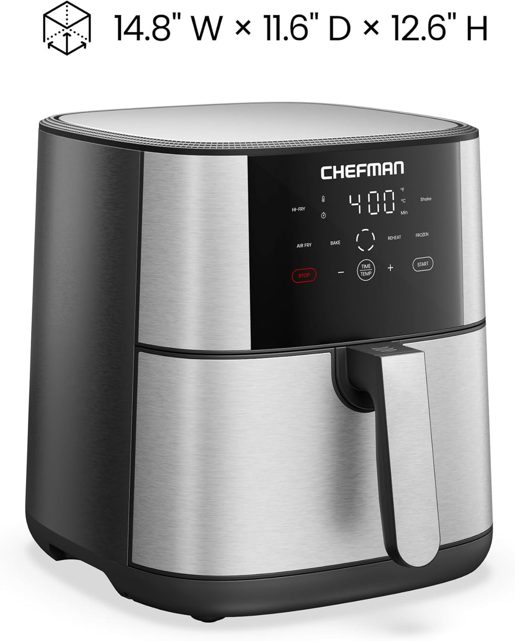Chefman Air Fryer 8 Qt | TurboFry® 4-in-1 with 450°F Hi-Fry Option for Crispier Results | Bake, Dehydrate, Frozen | XL Nonstick Dishwasher-Safe Basket | Stainless Steel