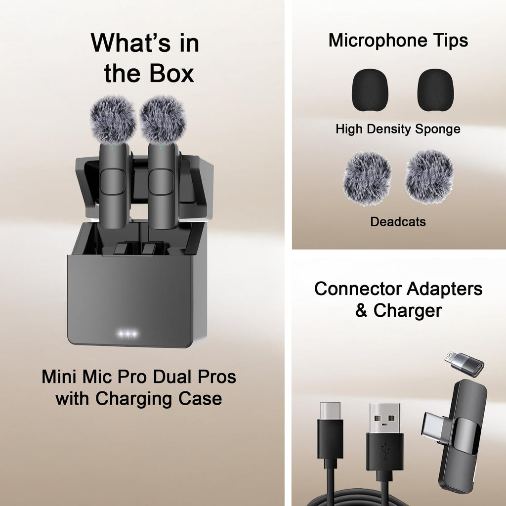 Mini Mic Pro (Latest Model) - Wireless Mini Microphone for iPhone, iPad, Android - 2 Pack Lavalier Microphone for Video Recording - iPhone Mic Crystal Clear Recording with USB-C for Content Creators