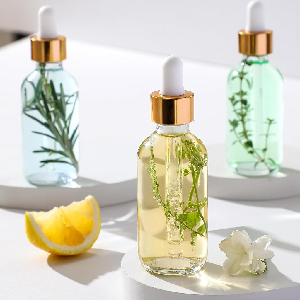 4 Pack, 2 oz Bottles with Dropper & 1 Funnel & 4 Labels - Essential Oils Bottles for Health, Personal Care & Beauty - 60ml Thick Dark Amber Glass Tincture Bottles, Refillable Cosmetic Containers