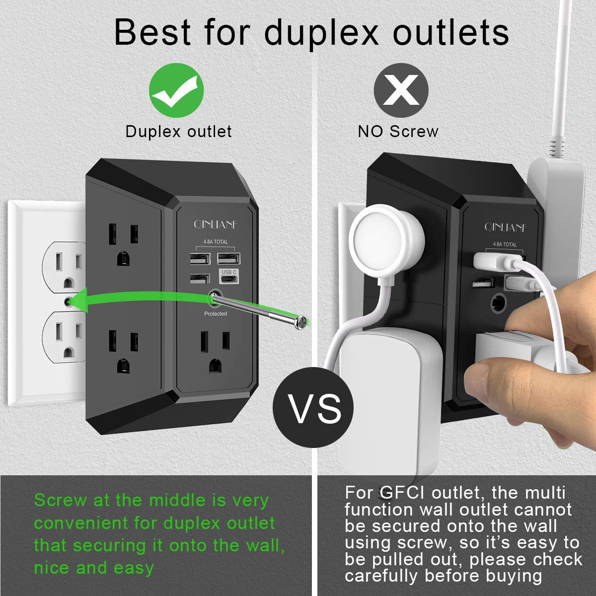 Wall Charger, Surge Protector, QINLIANF 5 Outlet Extender with 4 USB Charging Ports (4.8A Total) 3-Sided 1680J Power Strip Multi Plug Adapter Spaced for Home Travel Office (3U1C)