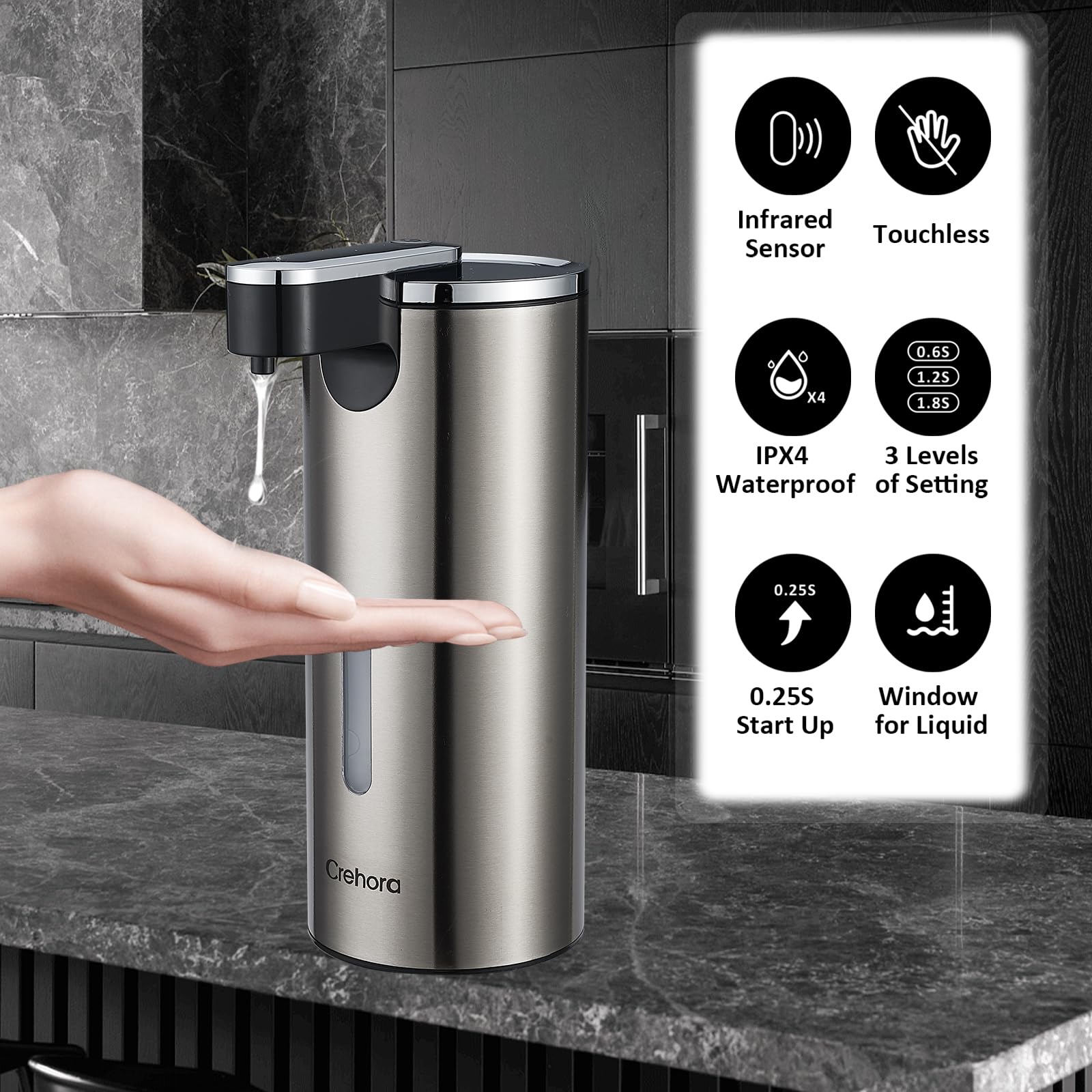Automatic Soap Dispenser, Automatic Soap Dispenser Touchless, Kitchen & Bathroom, 3 Adjustable Volume for Liquid Soap, Water-Resistant, Hotel, Restaurant and School, Clog-Free, Stainless Steel