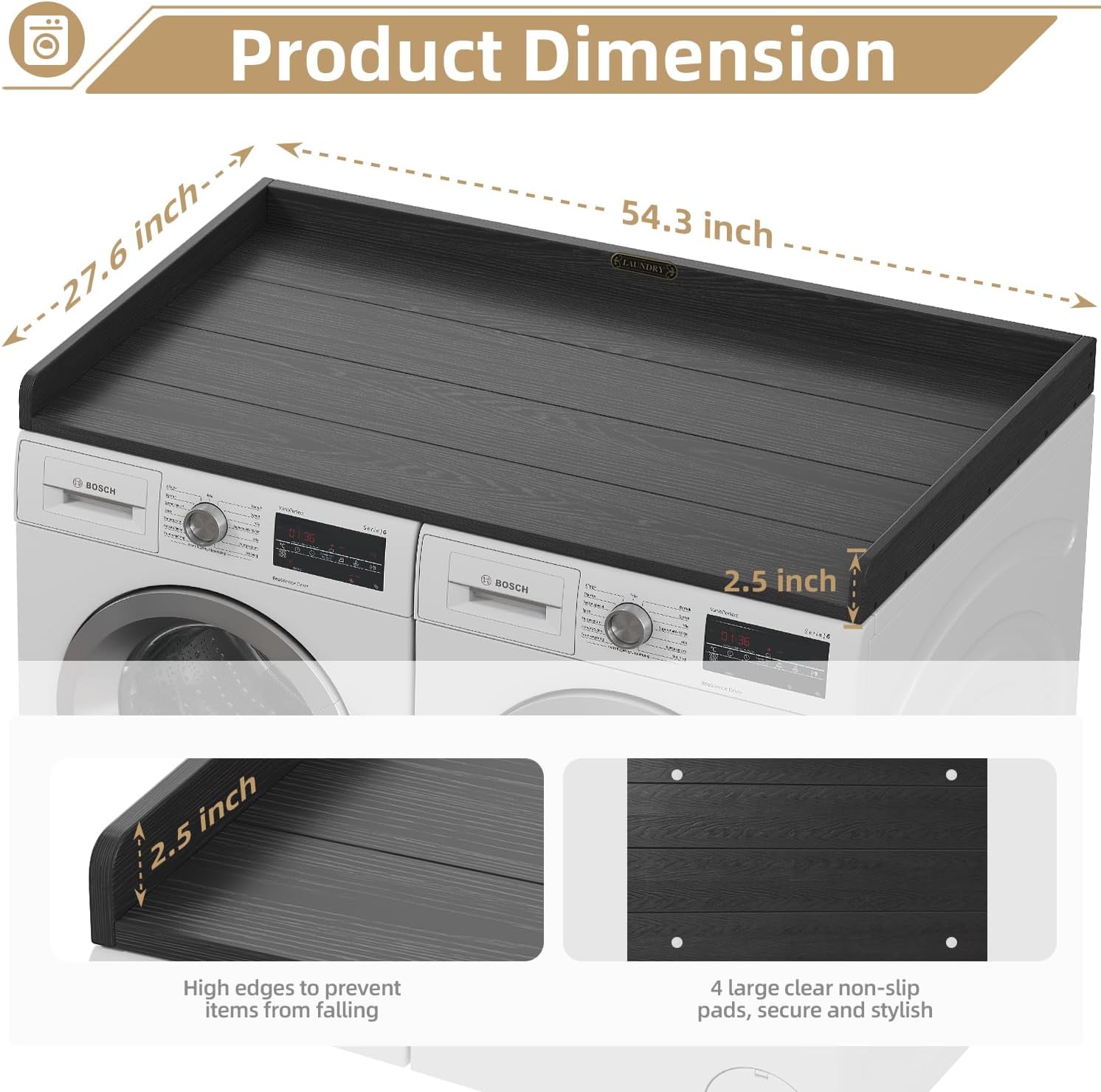 No-installation HDPE Washer Dryer Countertop Washer and Dryer Topper Covers for The Top Laundry Countertop Laundry Room Organization No Water Leakage,Black