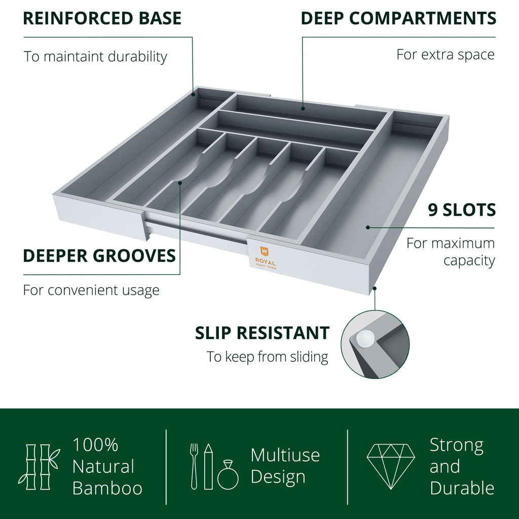 ROYAL CRAFT WOOD Luxury Bamboo Kitchen Drawer Organizer - Silverware Organizer, Utensil Holder & Cutlery Tray Drawer Dividers for Flatware (9 Slot, Natural)