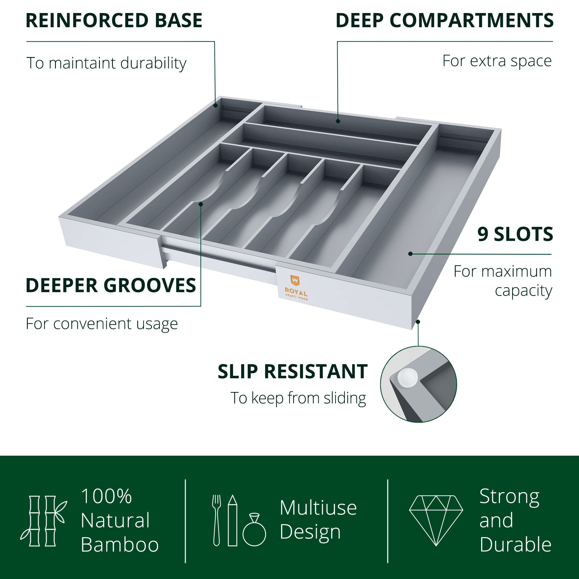 ROYAL CRAFT WOOD Luxury Bamboo Kitchen Drawer Organizer - Silverware Organizer, Utensil Holder & Cutlery Tray Drawer Dividers for Flatware (9 Slot, Natural)