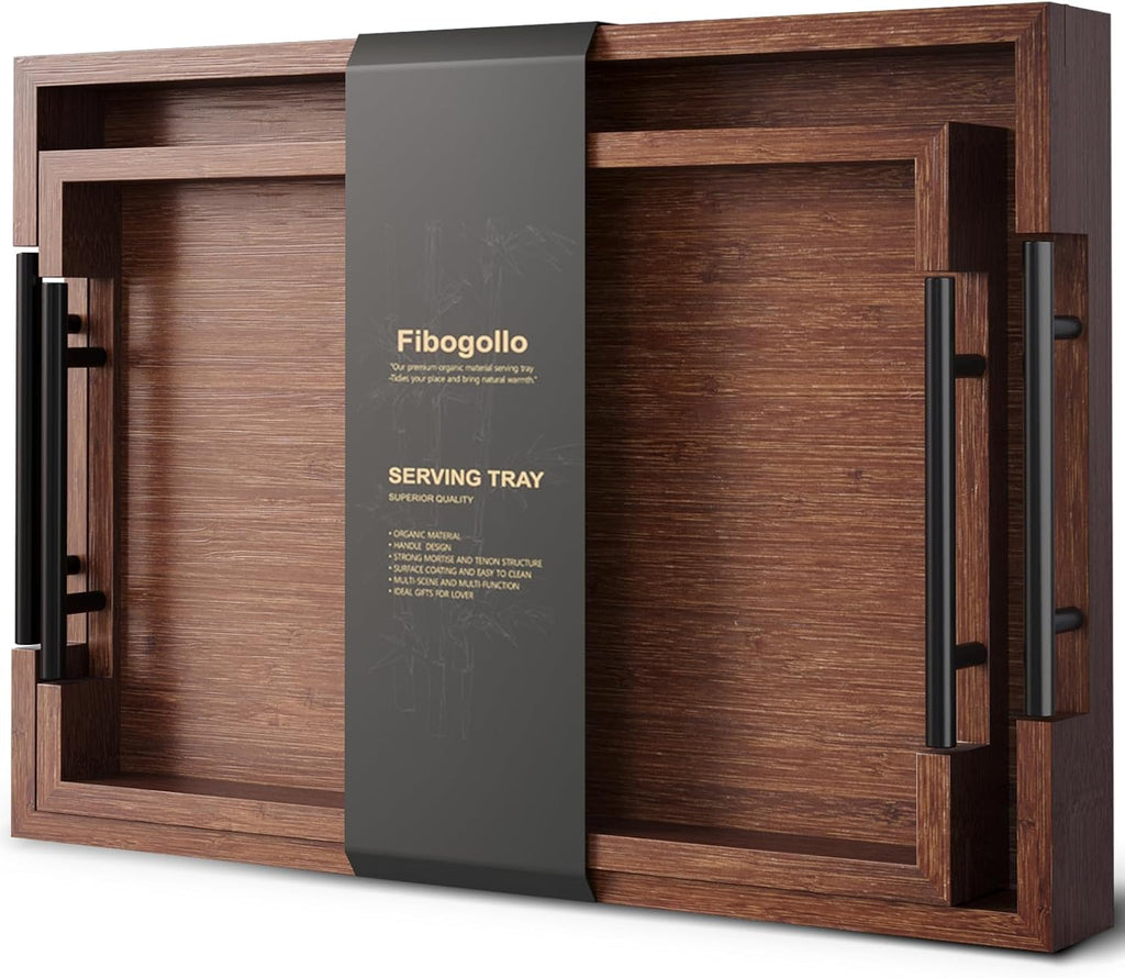 Bamboo Set of 2 Serving Tray with Metal Handles,Ottoman Decorative Trays Platter for Coffee Table,Living Room,Bar,Party(Black)