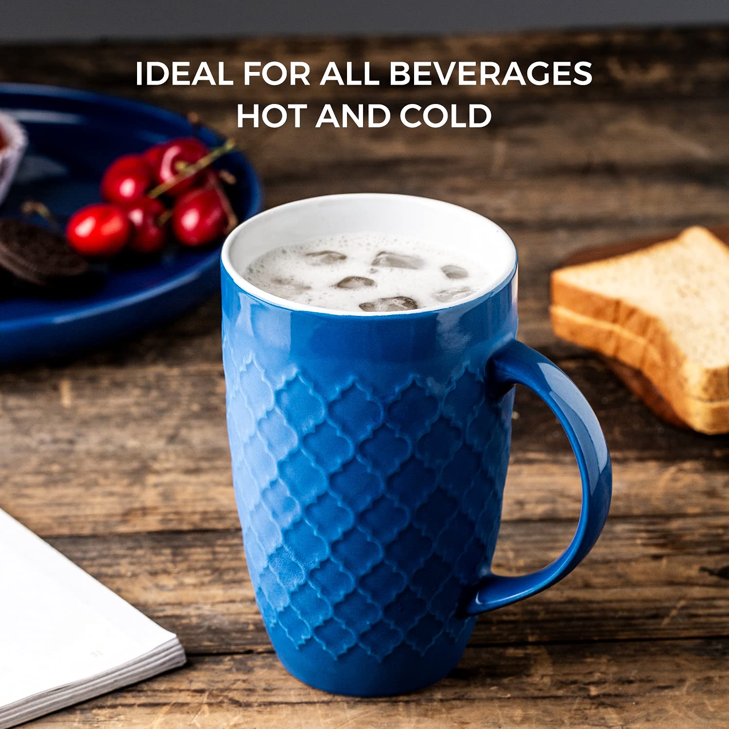 AmorArc Extra Large Coffee Mugs Set of 6, 20oz Ceramic Tall Coffee Mugs Set with Textured Geometric Patterns for Coffee/Tea/Beer/Hot Cocoa, Dishwasher & Microwave Safe,Beige