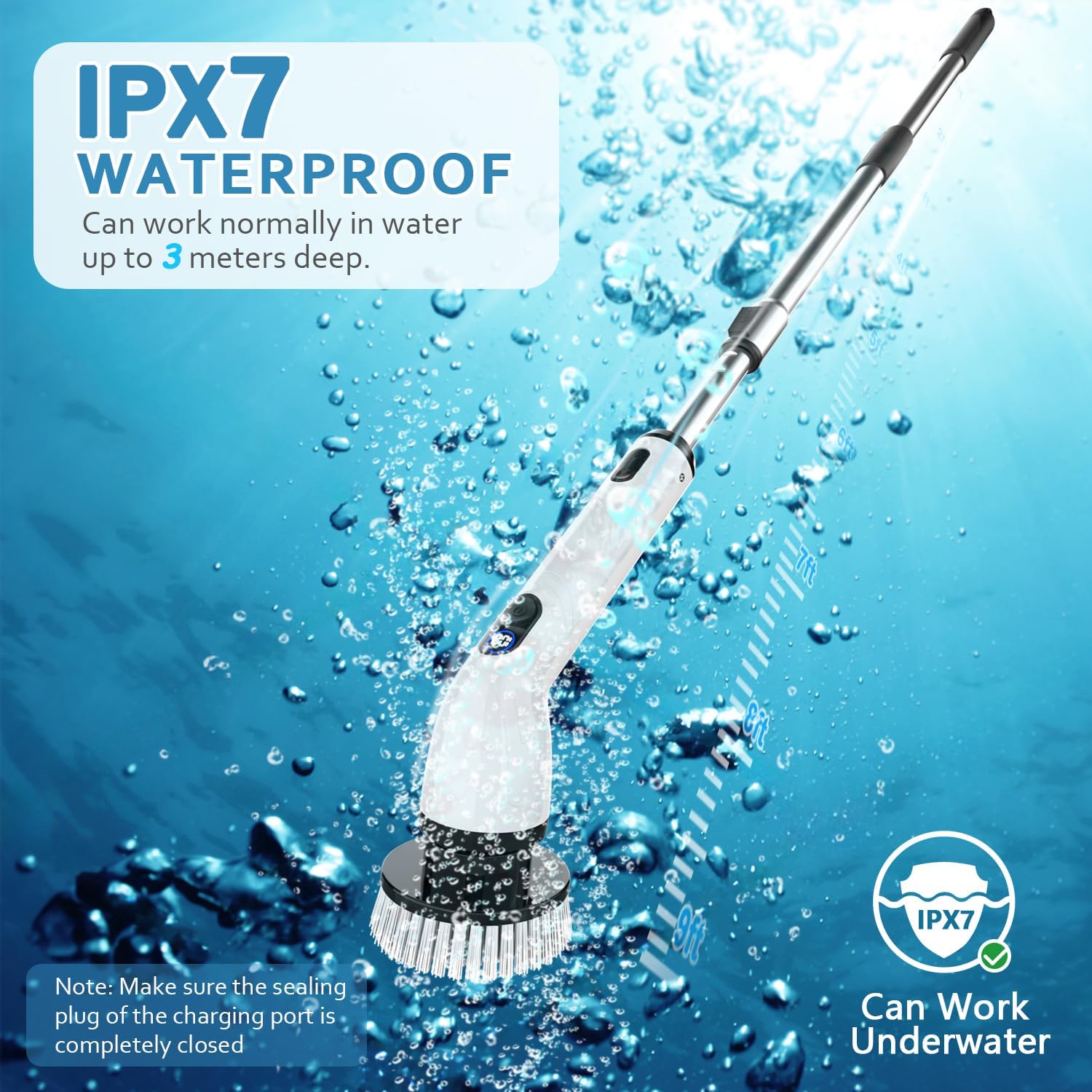 TUYU Electric Spin Scrubber, Full-Body IPX7 Waterproof Bathroom Scrubber with Power LCD Display, Adjustable Extension Handle, Cordless Shower Cleaner Brush for Bathtub Kitchen Wall Cleaning